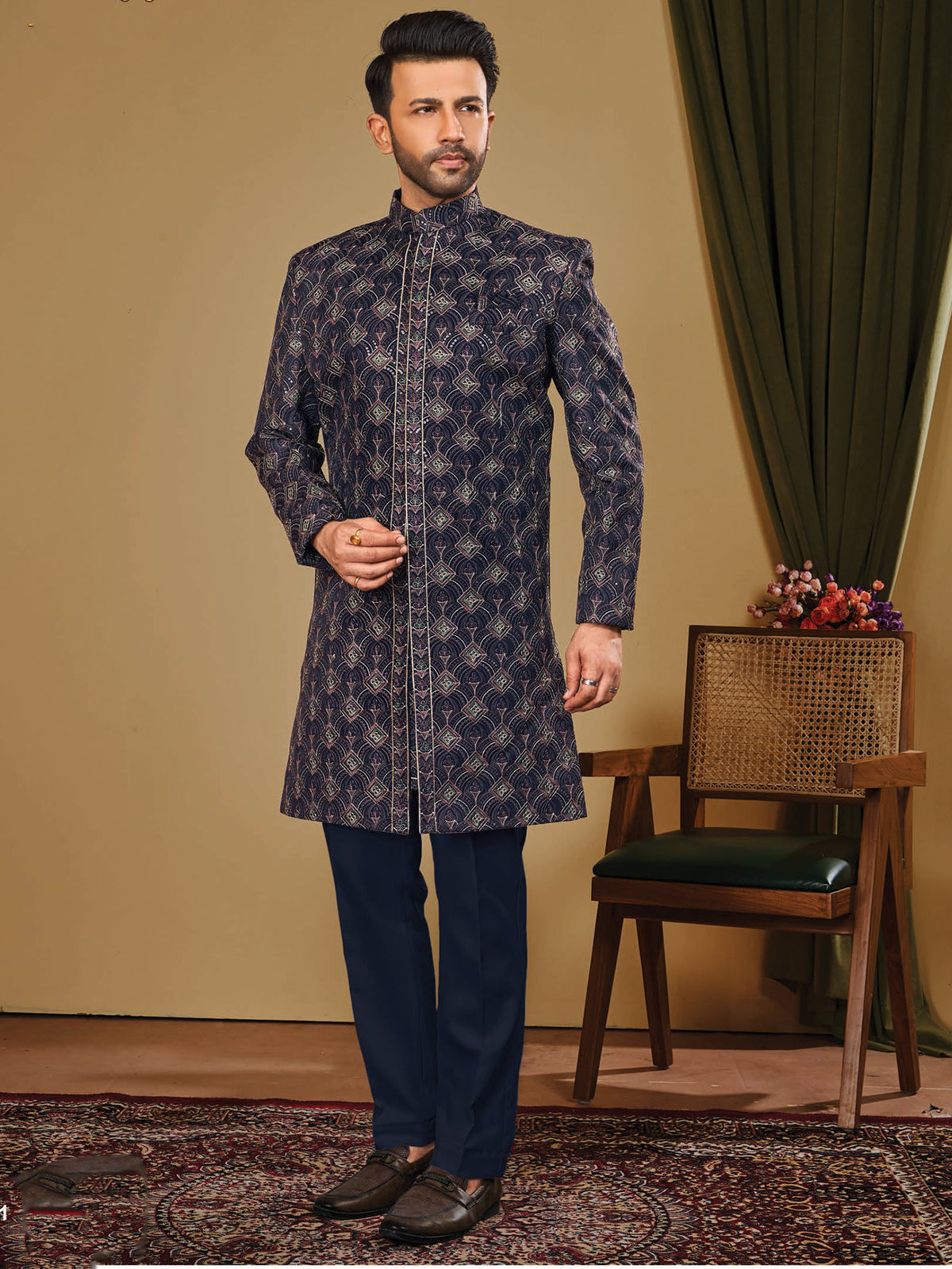 Navy Blue Patterned Festive Indo Western Set