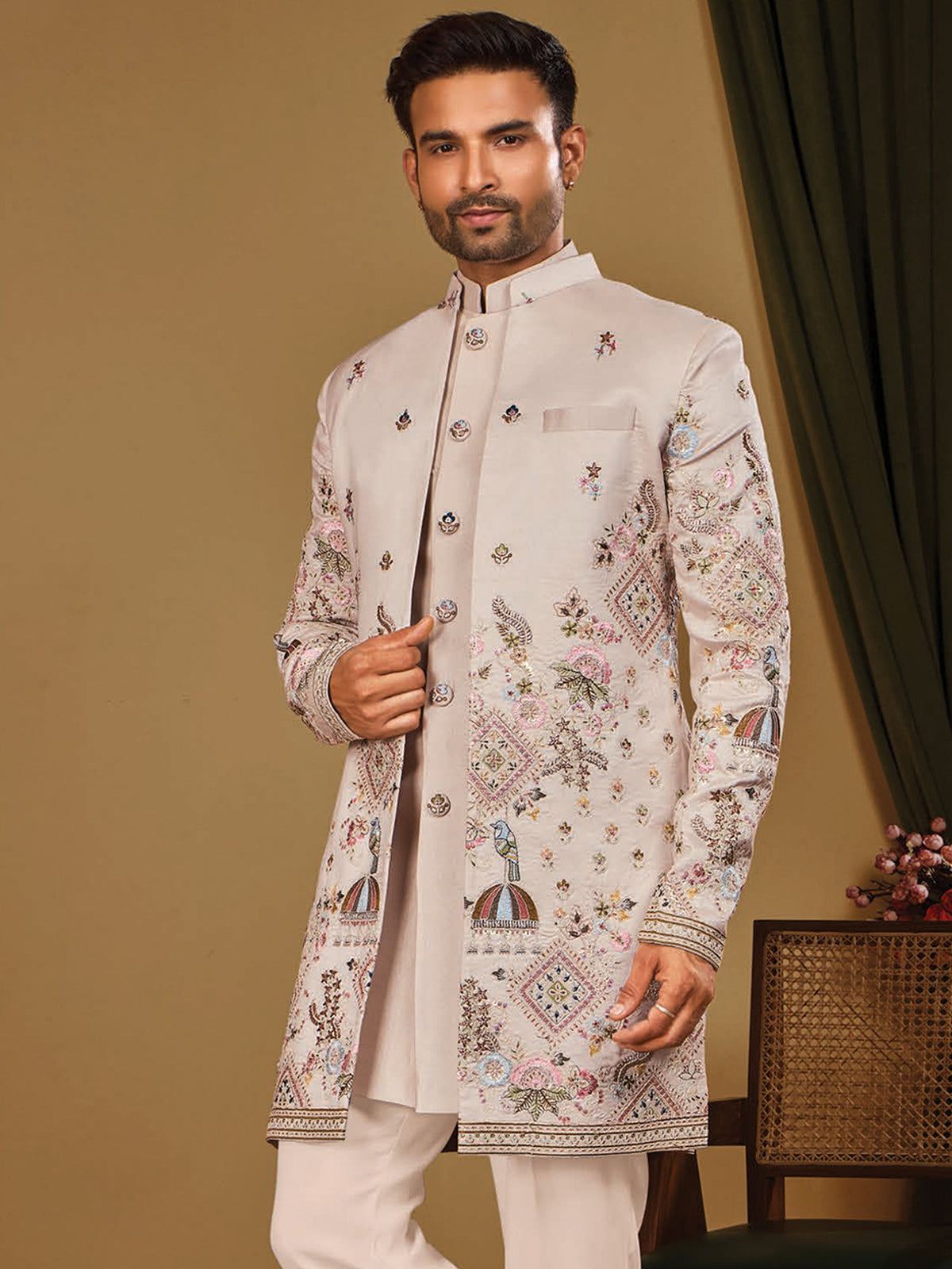 Cream Printed Detail Indo Western Trouser Set