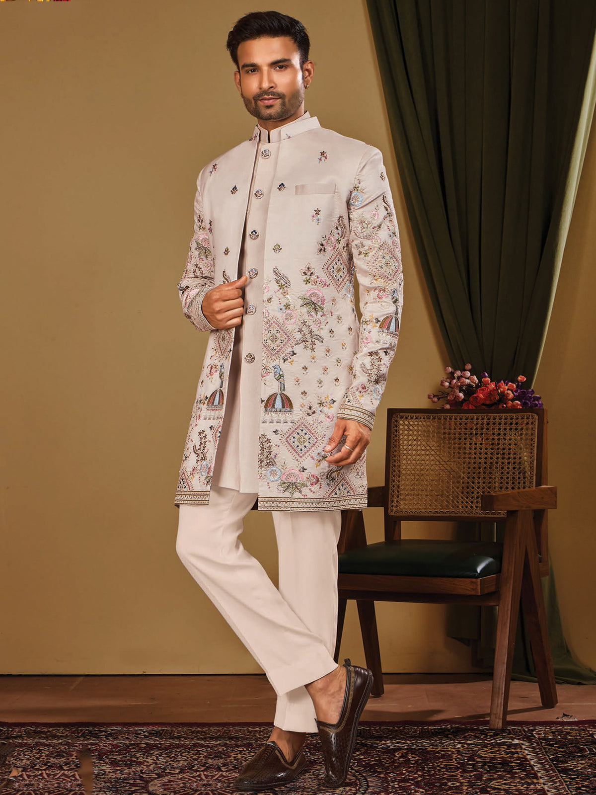 Cream Printed Detail Indo Western Trouser Set