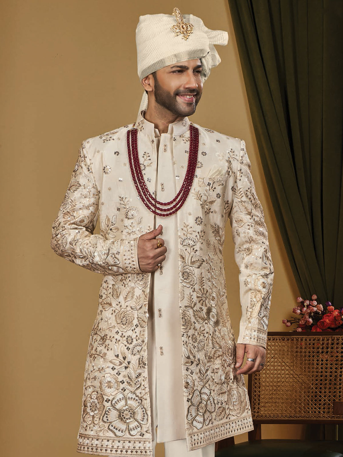 Cream Floral Work Indo Western Wear