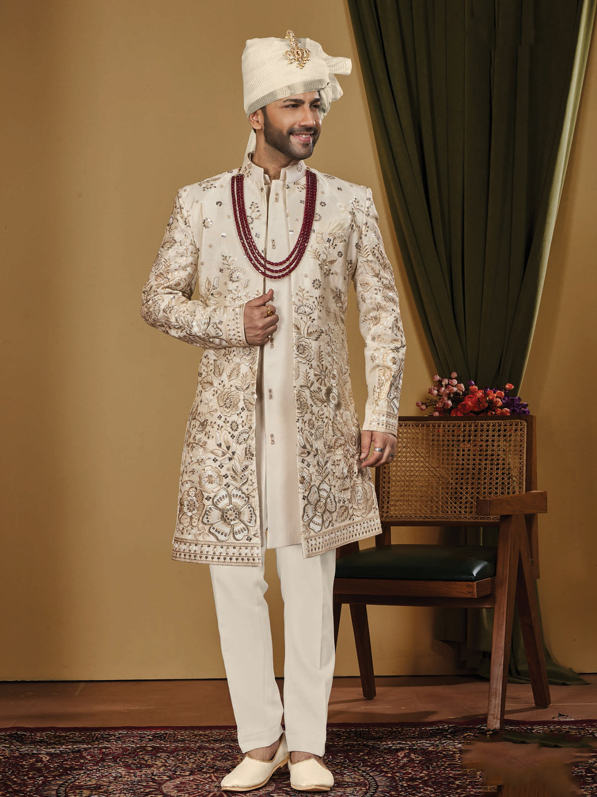 Cream Floral Work Indo Western Wear