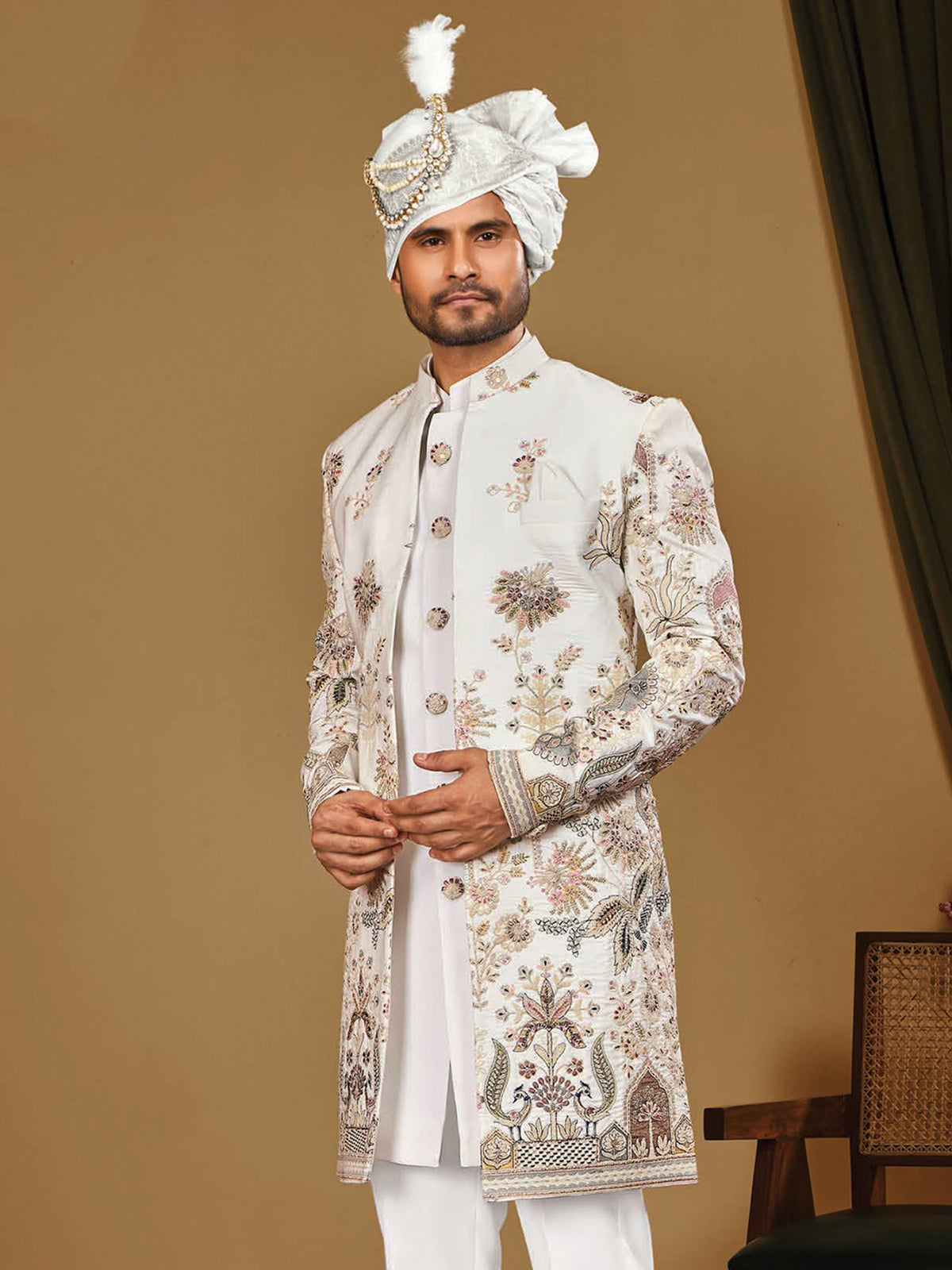 White Floral Art Silk Indo Western Wear