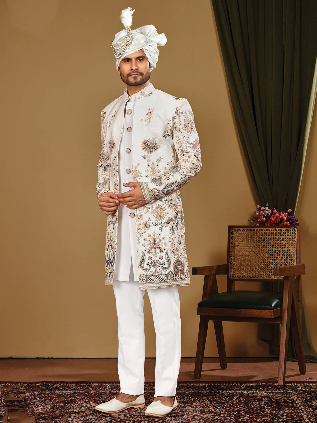 White Floral Art Silk Indo Western Wear