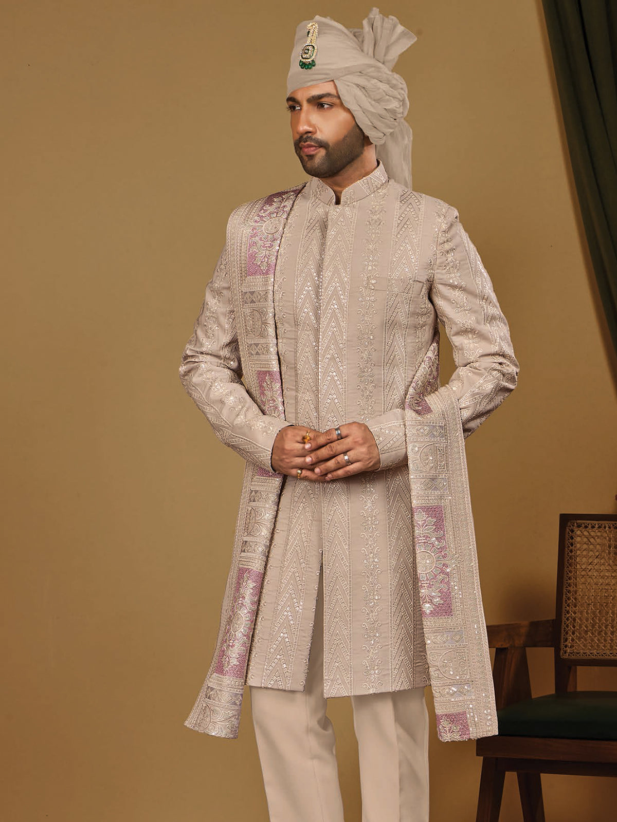 Beige Premium Embroidered Indo Western