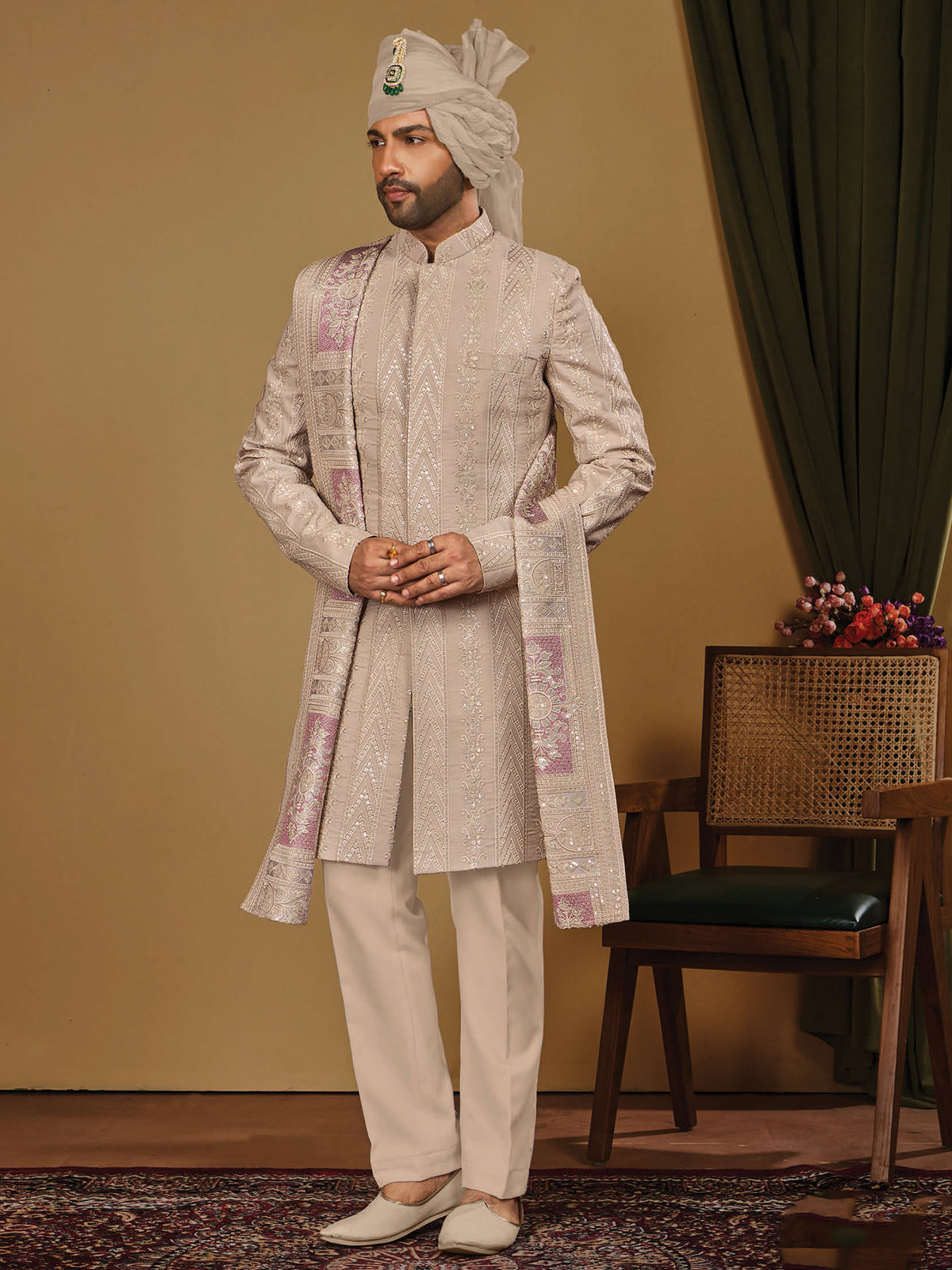 Beige Premium Embroidered Indo Western