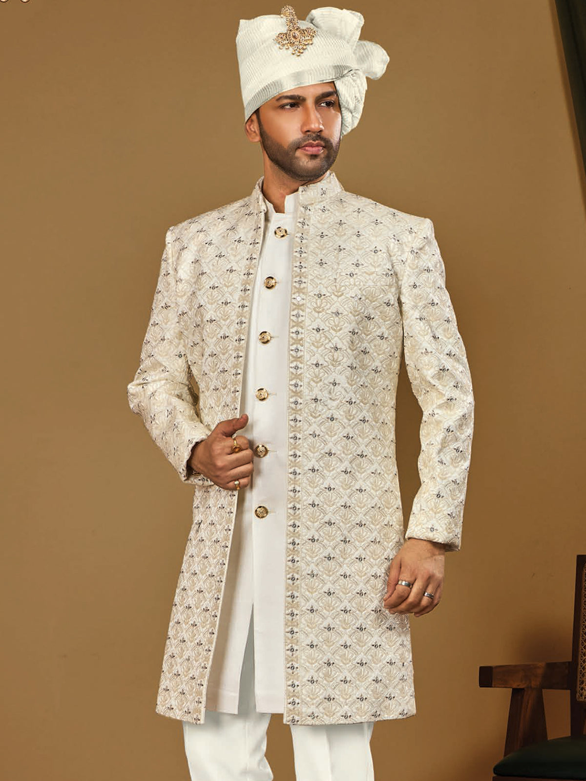 Ivory Patterned Groom Indo Western