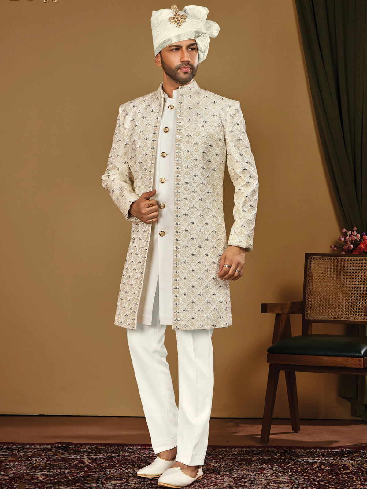 Ivory Patterned Groom Indo Western