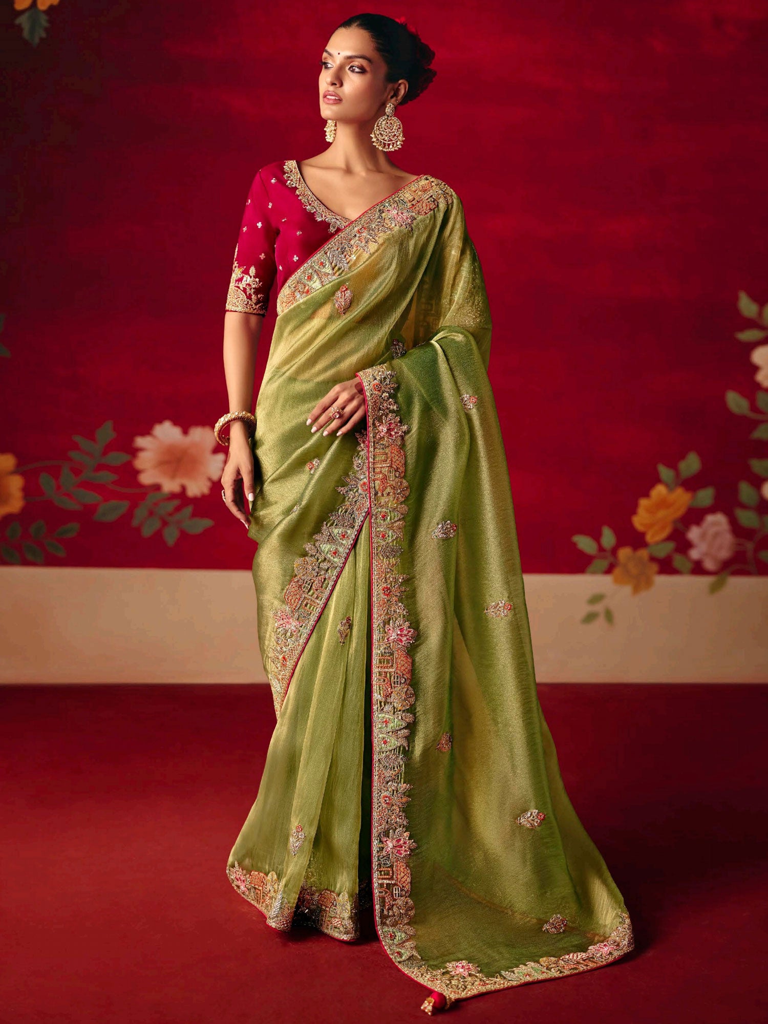 Olive Green Bridesmaid Saree In Stone Work