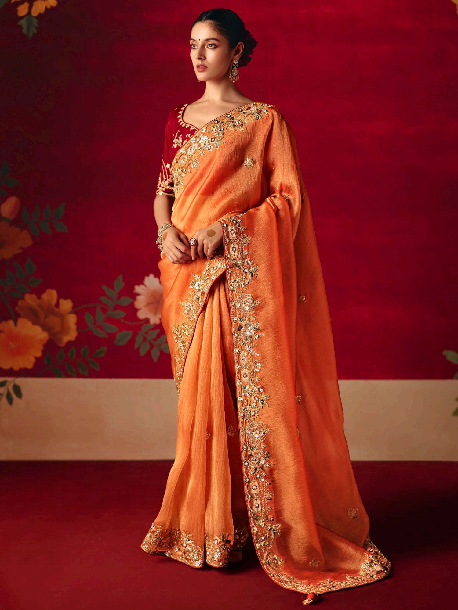 Orange Floral Thread Embellished Wedding Saree