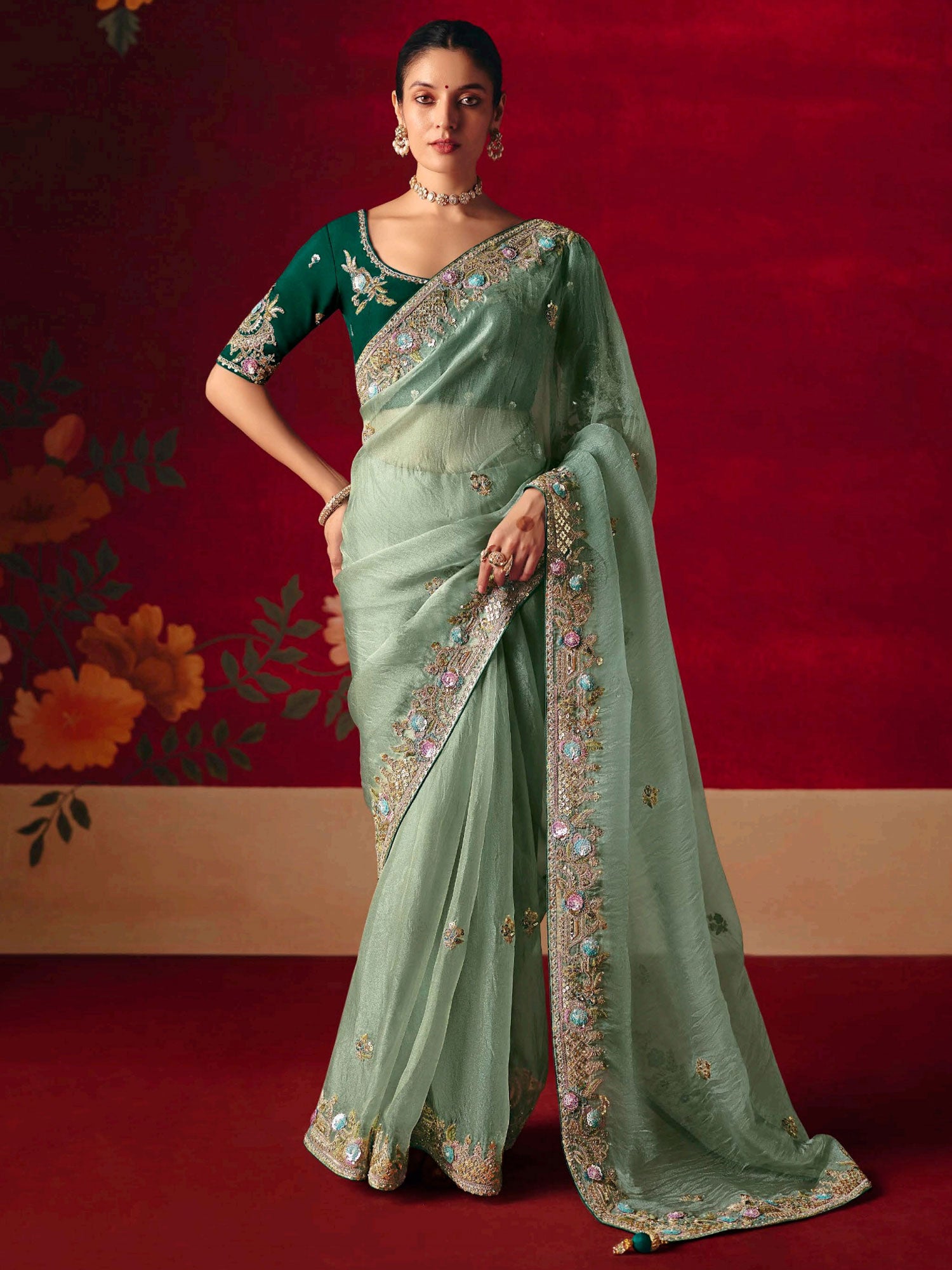 Sea Green Party Saree With Embroidered Borders