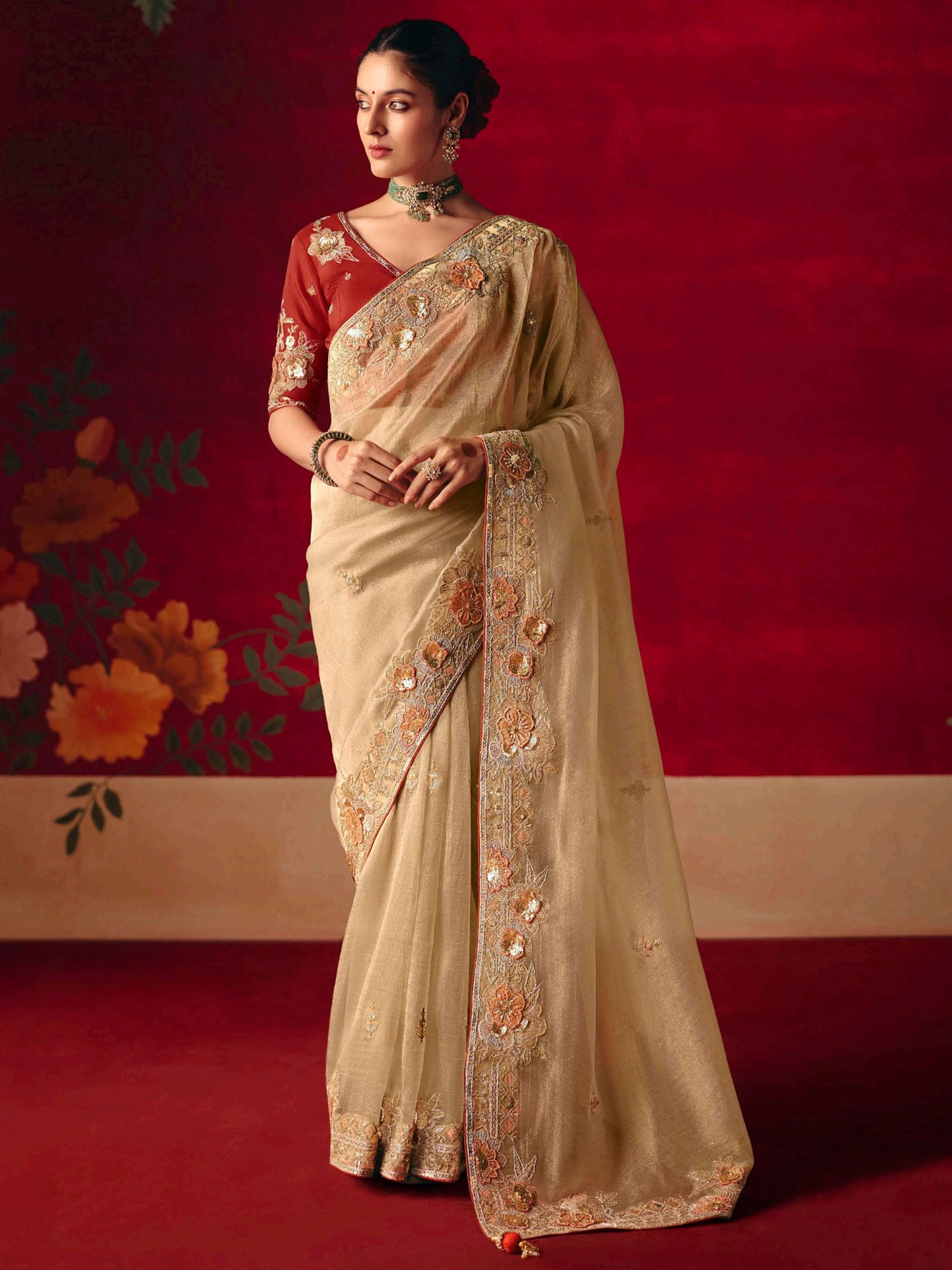 Ivory Cream Floral Embroidered Wedding Saree