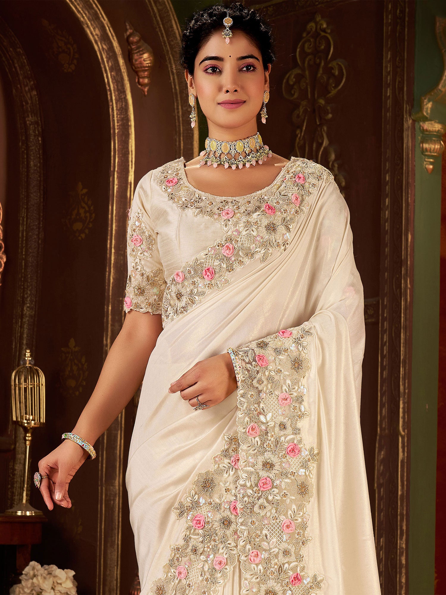 Off White Silk Saree With Floral Embroidered Borders