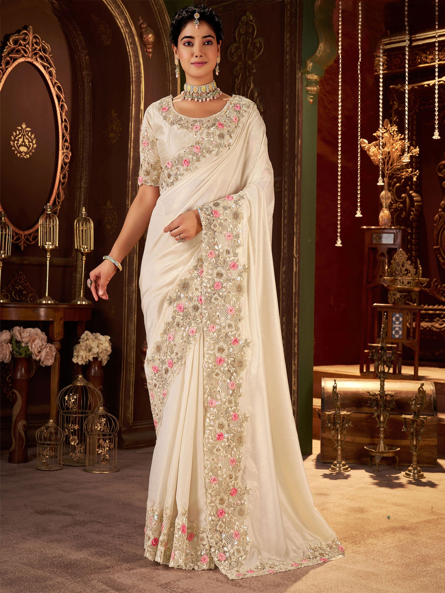 Off White Silk Saree With Floral Embroidered Borders