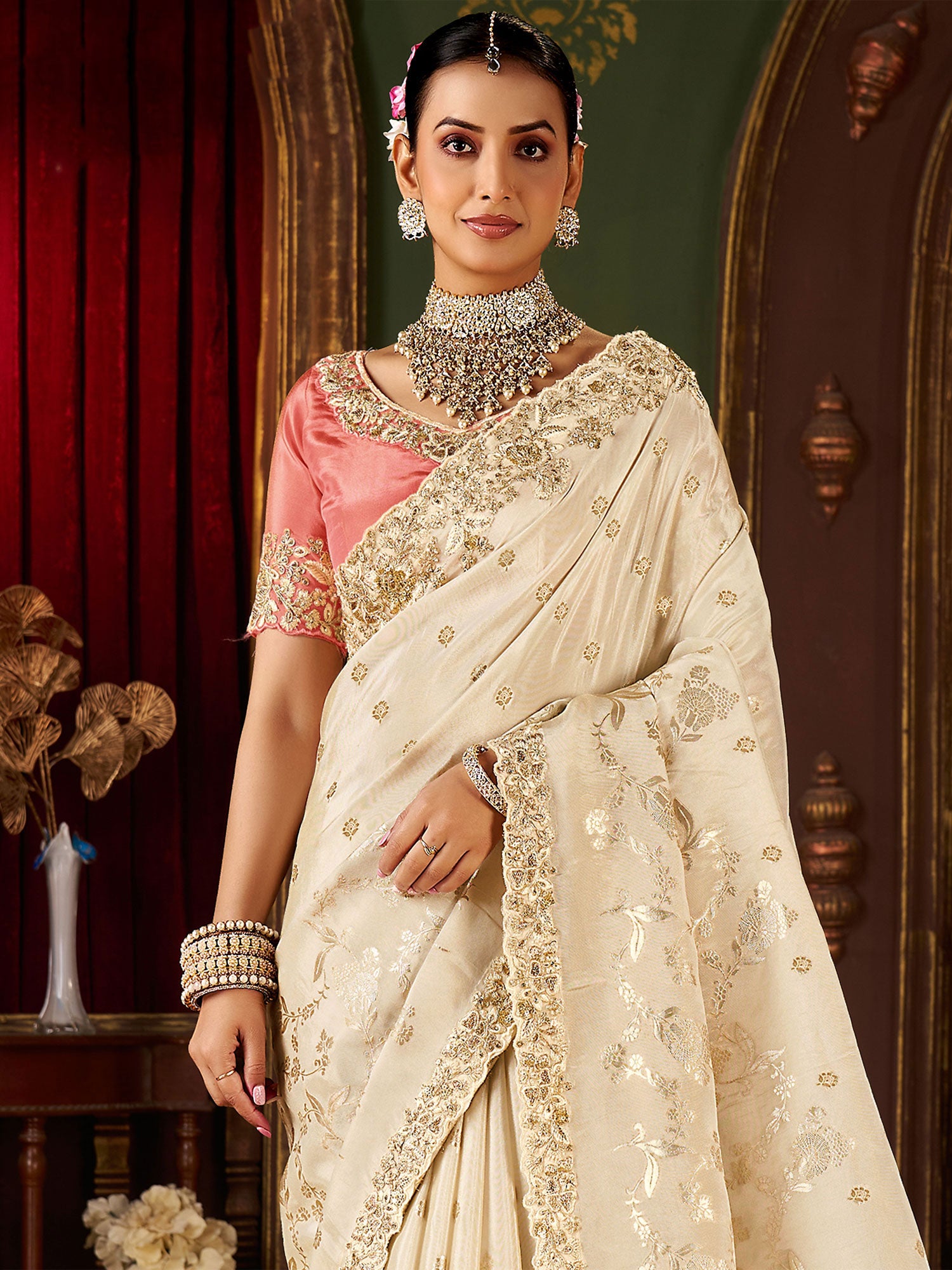 Cream Floral Zari Weaving Wedding Saree In Silk