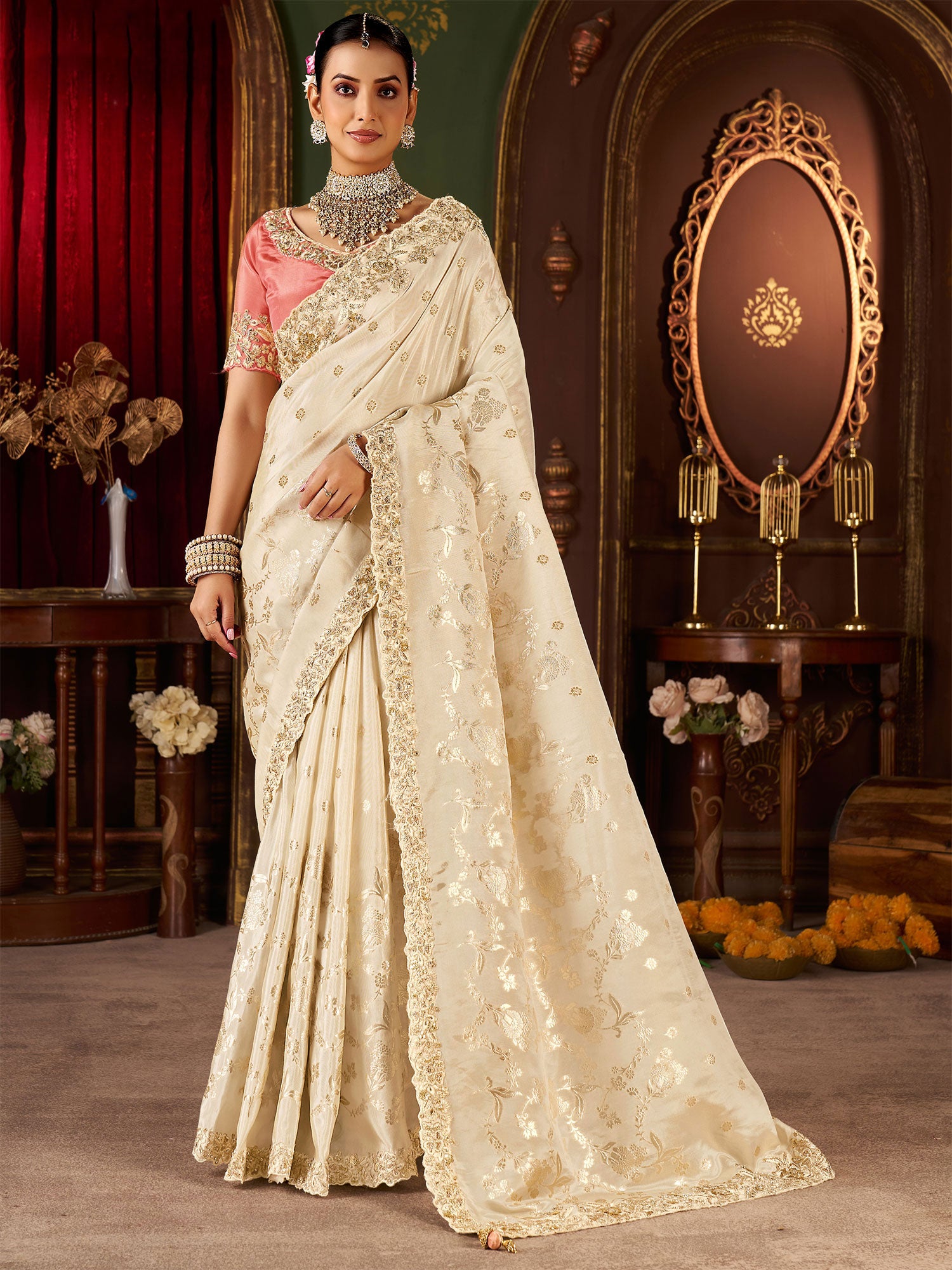 Cream Floral Zari Weaving Wedding Saree In Silk