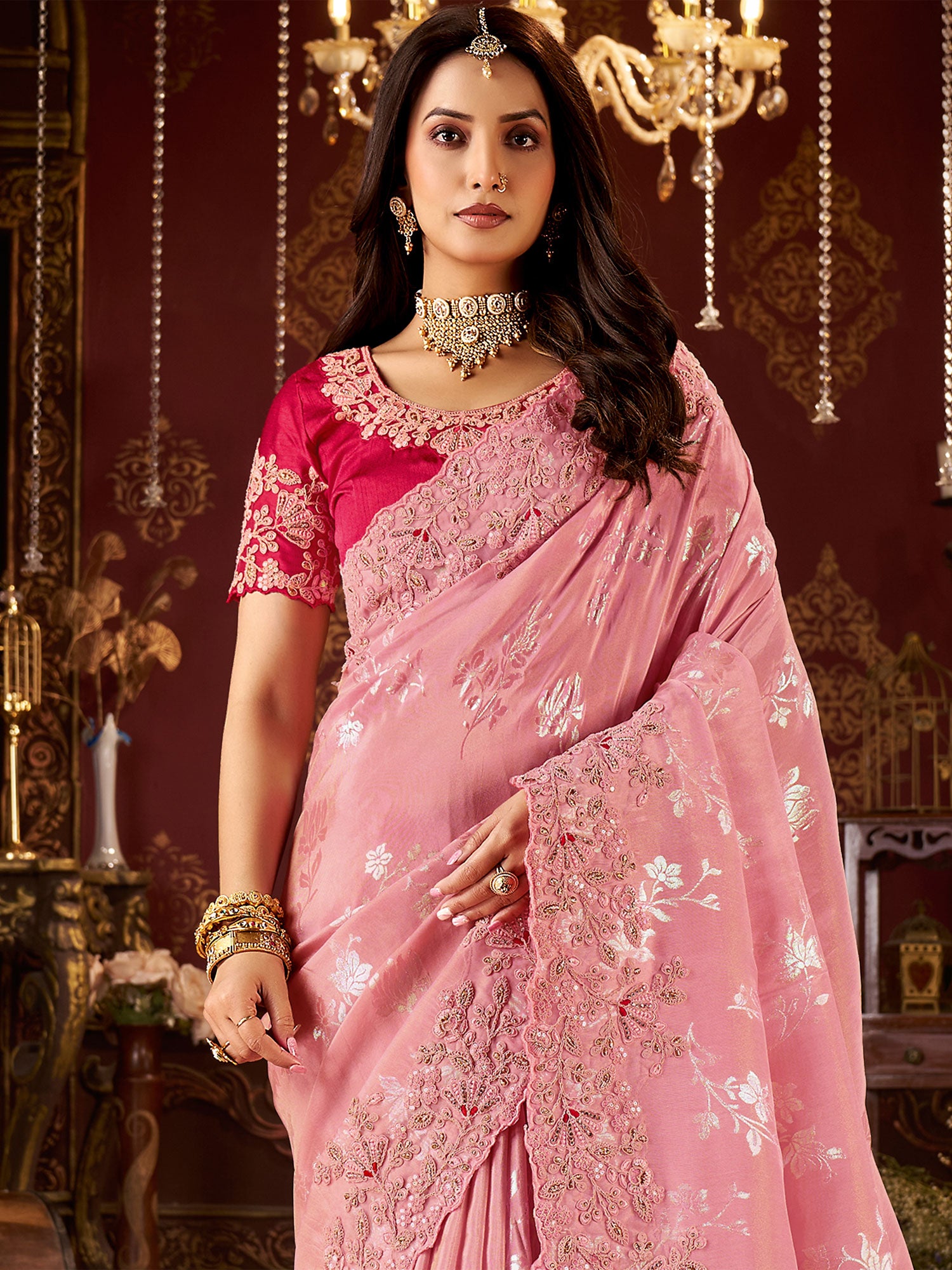 Pink Wedding Wear Silk Saee With Woven Work