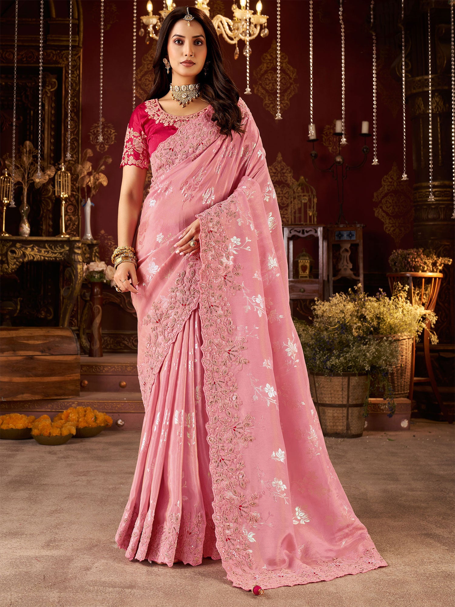 Pink Wedding Wear Silk Saee With Woven Work