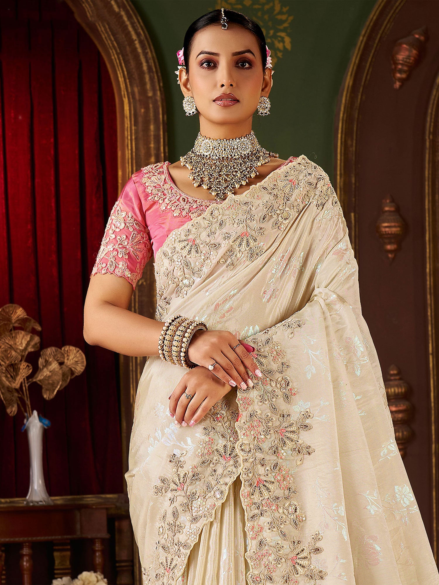 Cream Thread Work Saree With Heavy Borders