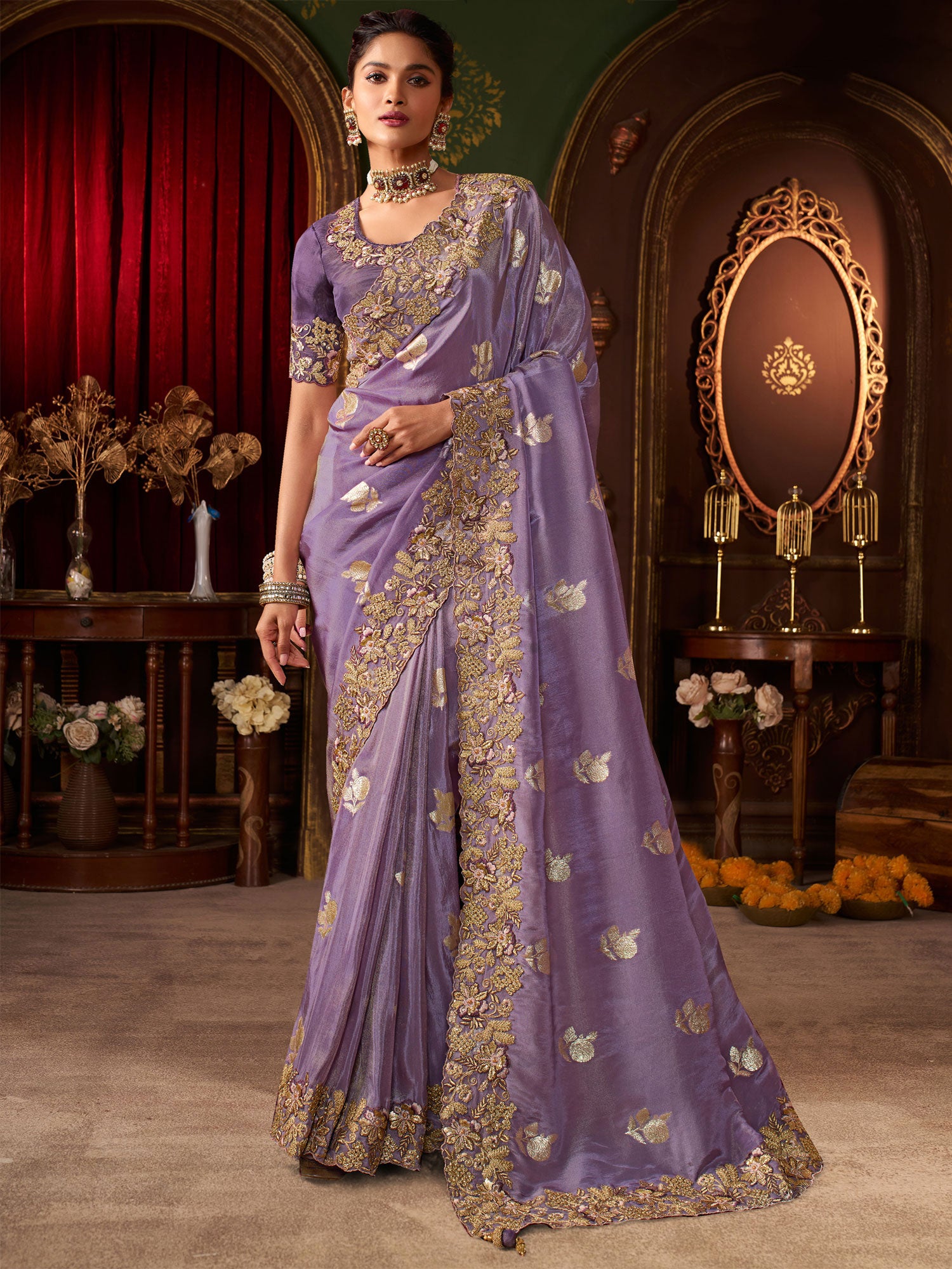 Blue Heavy Zari Embroidered Saree With Blouse