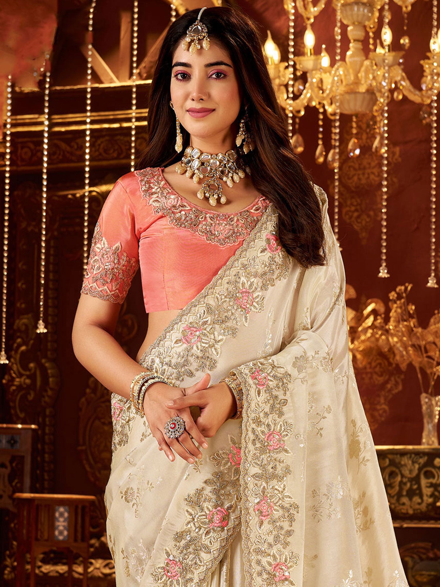 Cream Wedding Silk Saree In Zari Weaving Work