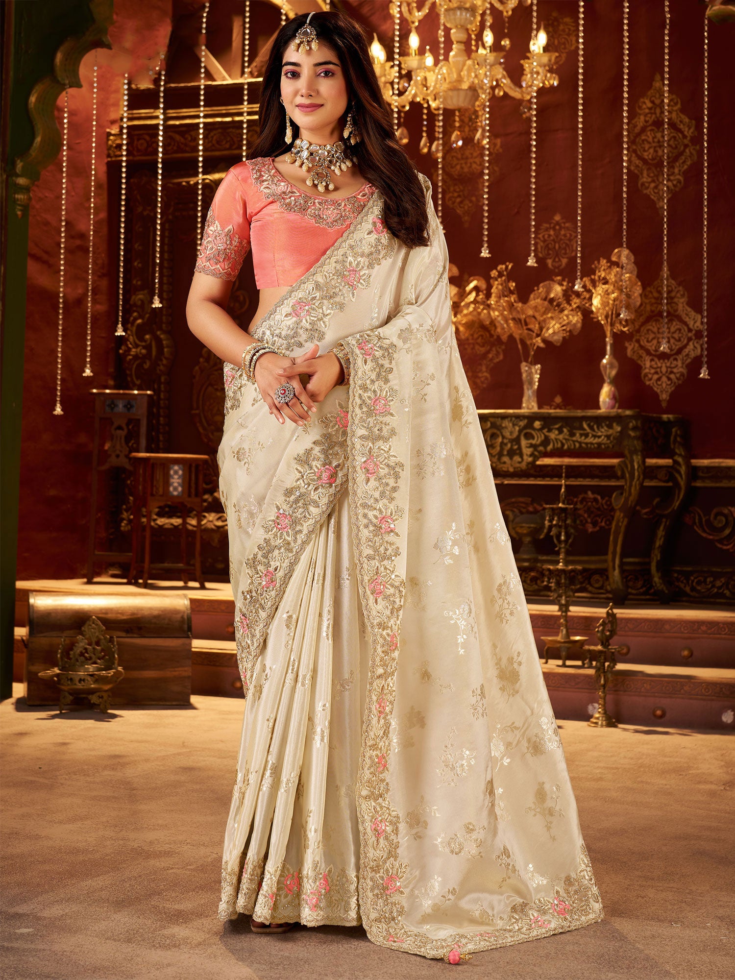 Cream Wedding Silk Saree In Zari Weaving Work