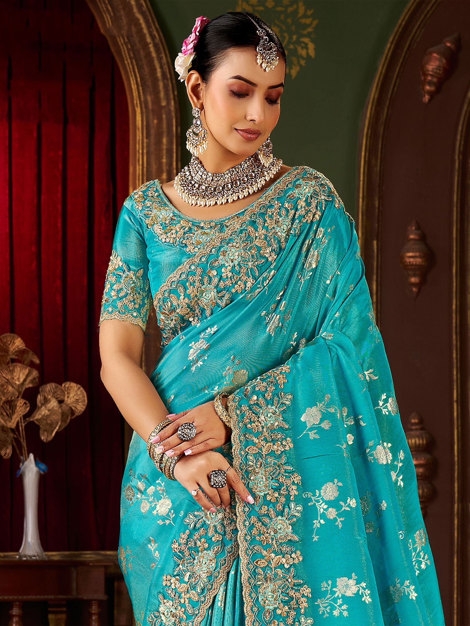 Turquoise Heavy Sequins Enhanced Saree In Silk