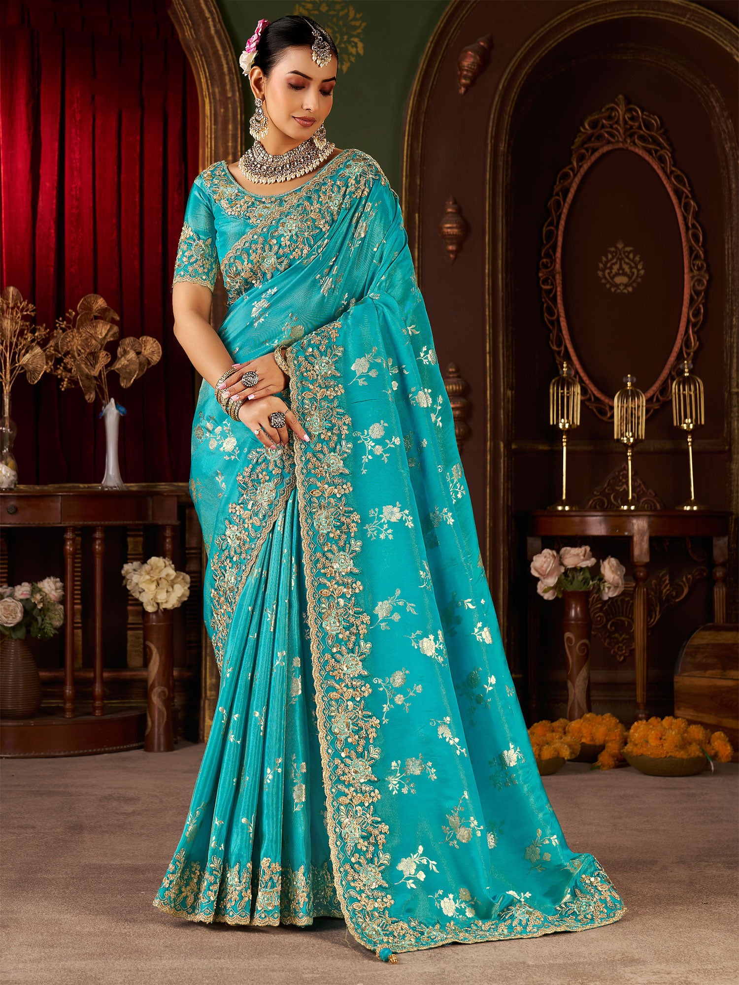 Turquoise Heavy Sequins Enhanced Saree In Silk