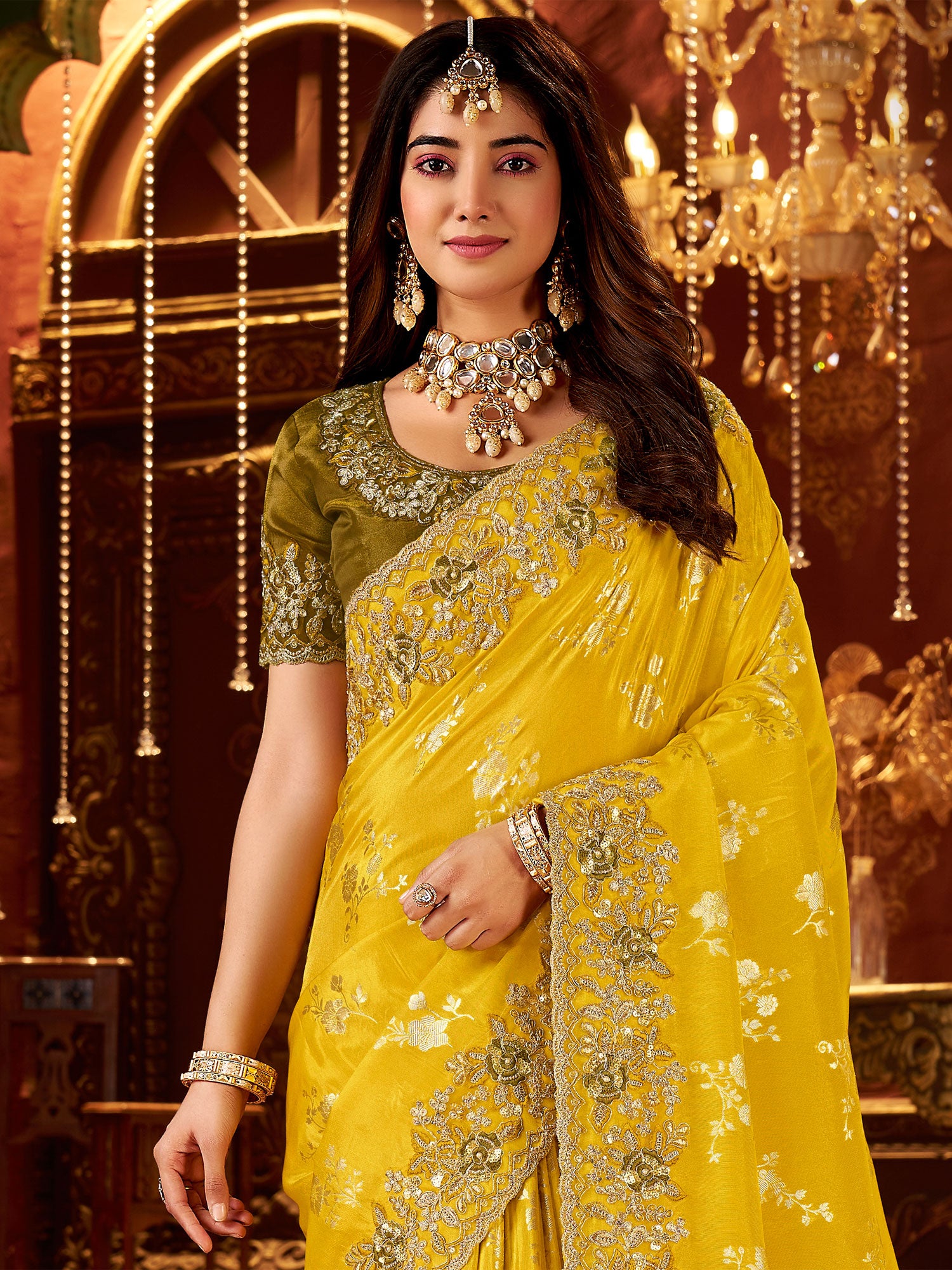 Yellow Wedding Saree In Floral Zari Weaving