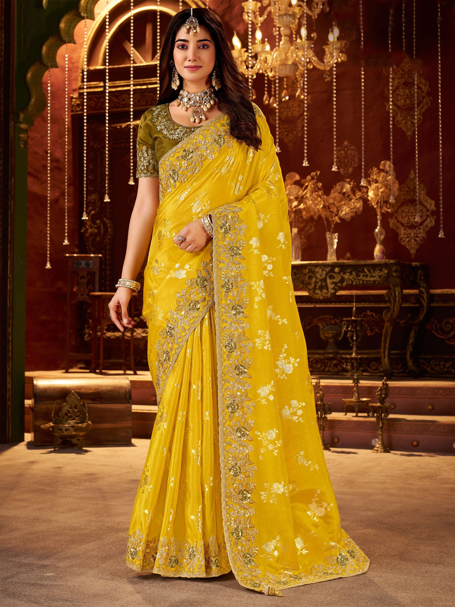 Yellow Wedding Saree In Floral Zari Weaving