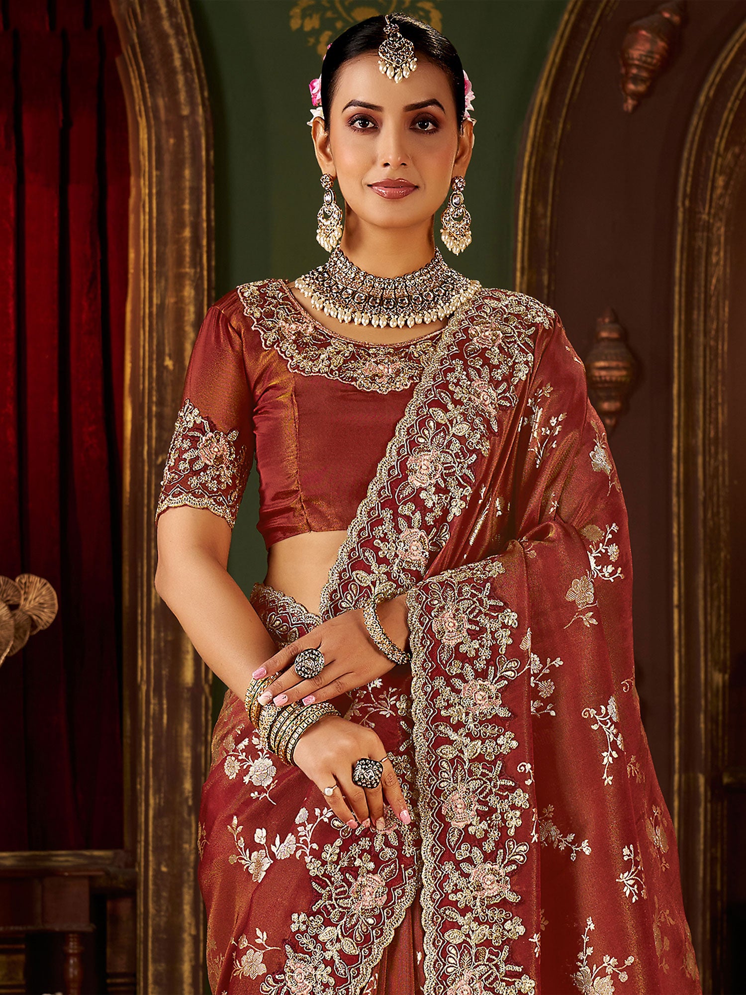 Dark Brown Silk Saree With Embroidered Borders