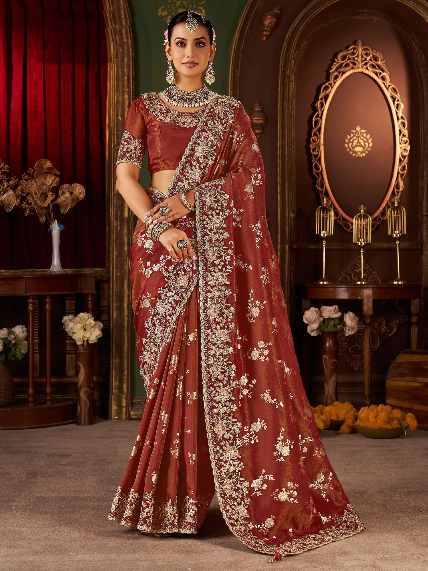 Dark Brown Silk Saree With Embroidered Borders