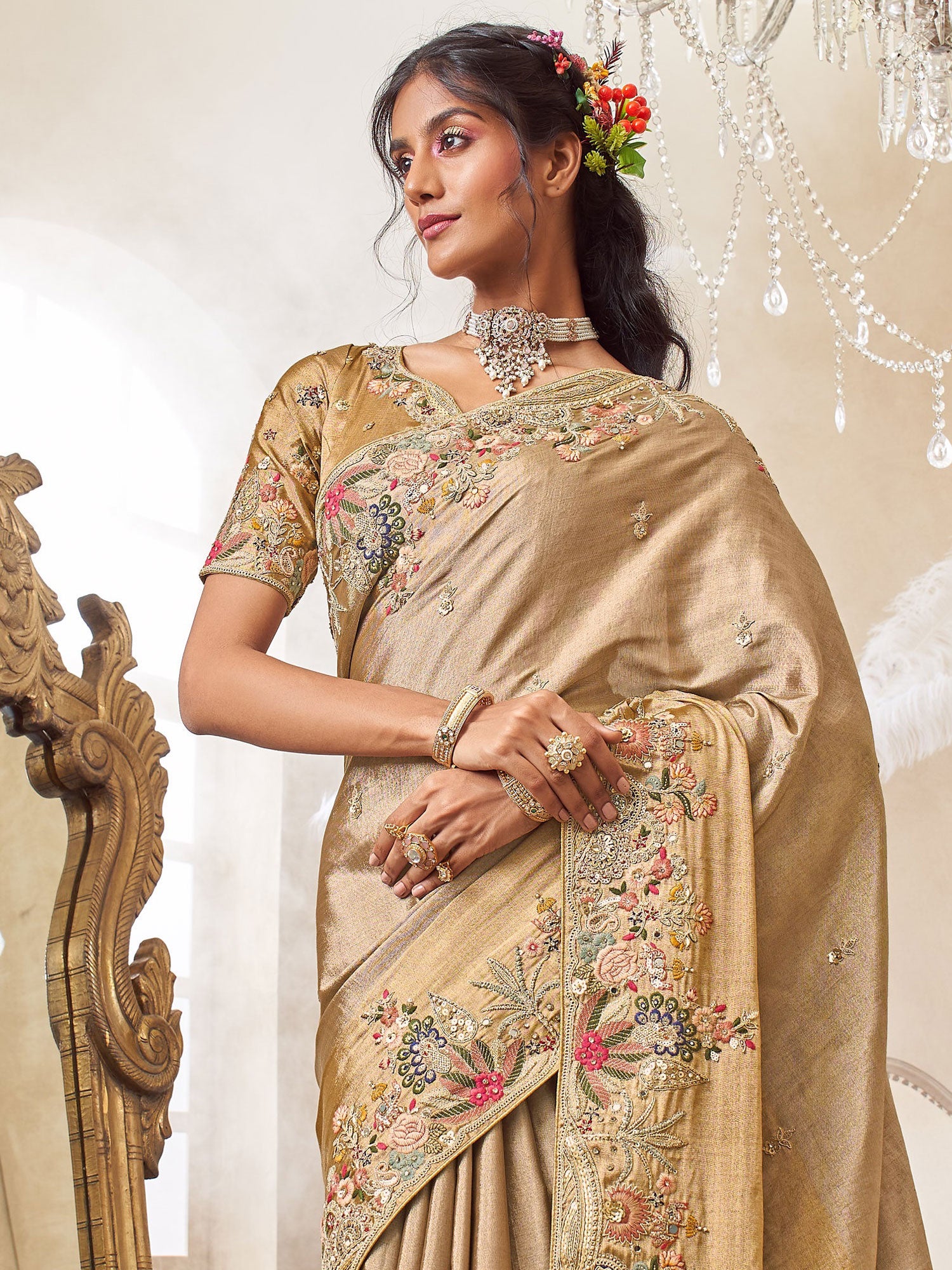 Beige Wedding Saree In Floral Embroidery
