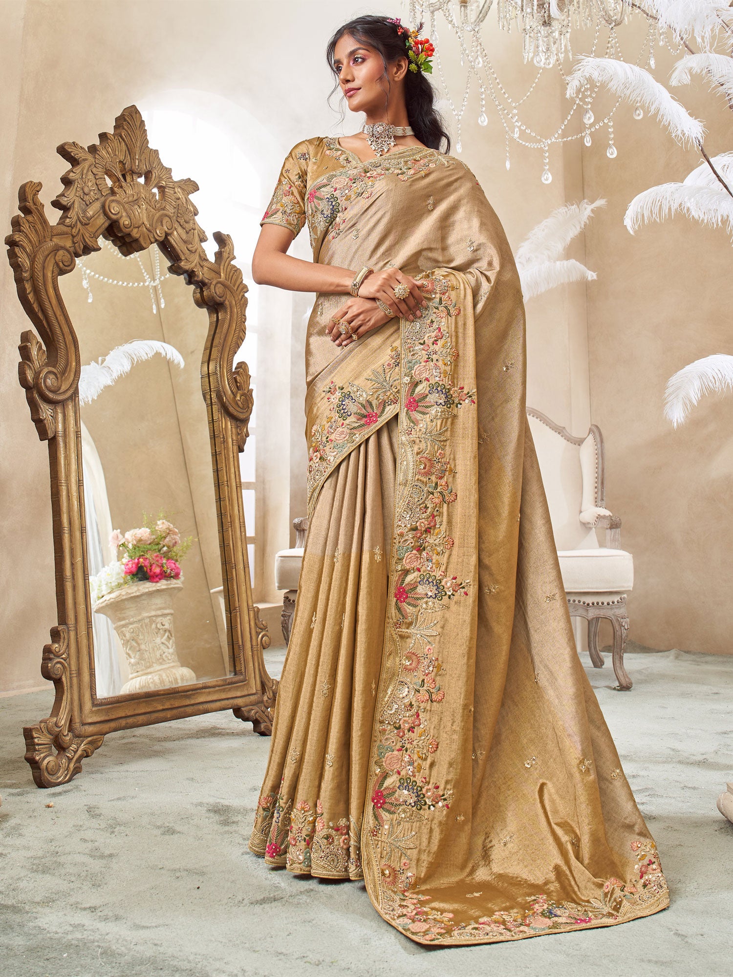 Beige Wedding Saree In Floral Embroidery