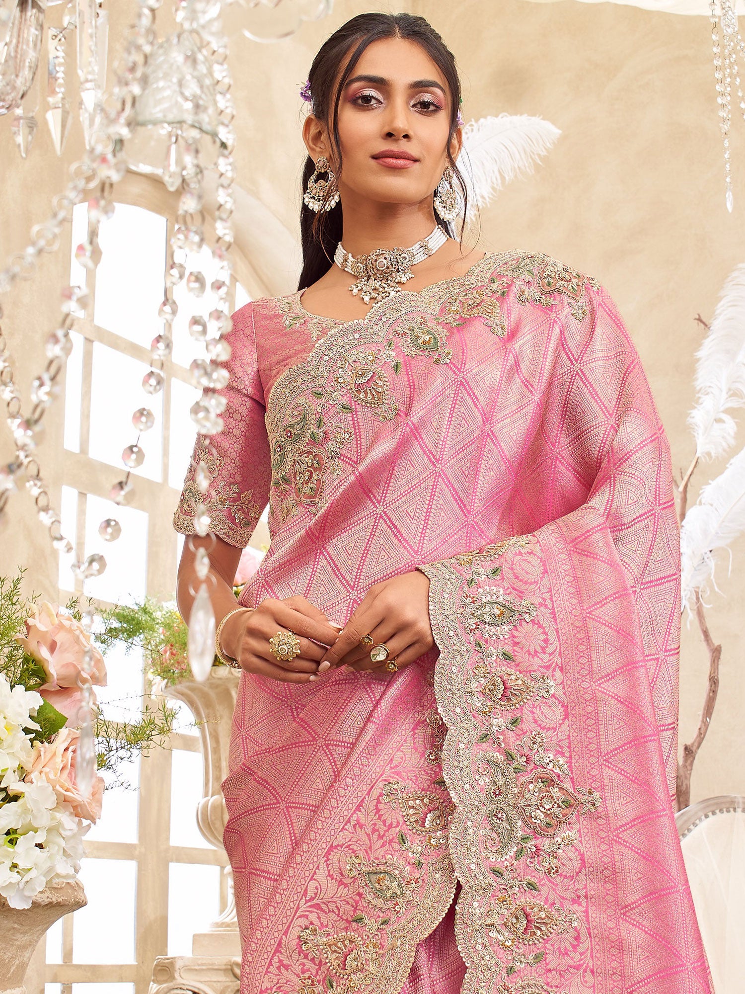 Pink Heavy Floral Zari Embroidered Saree In Silk