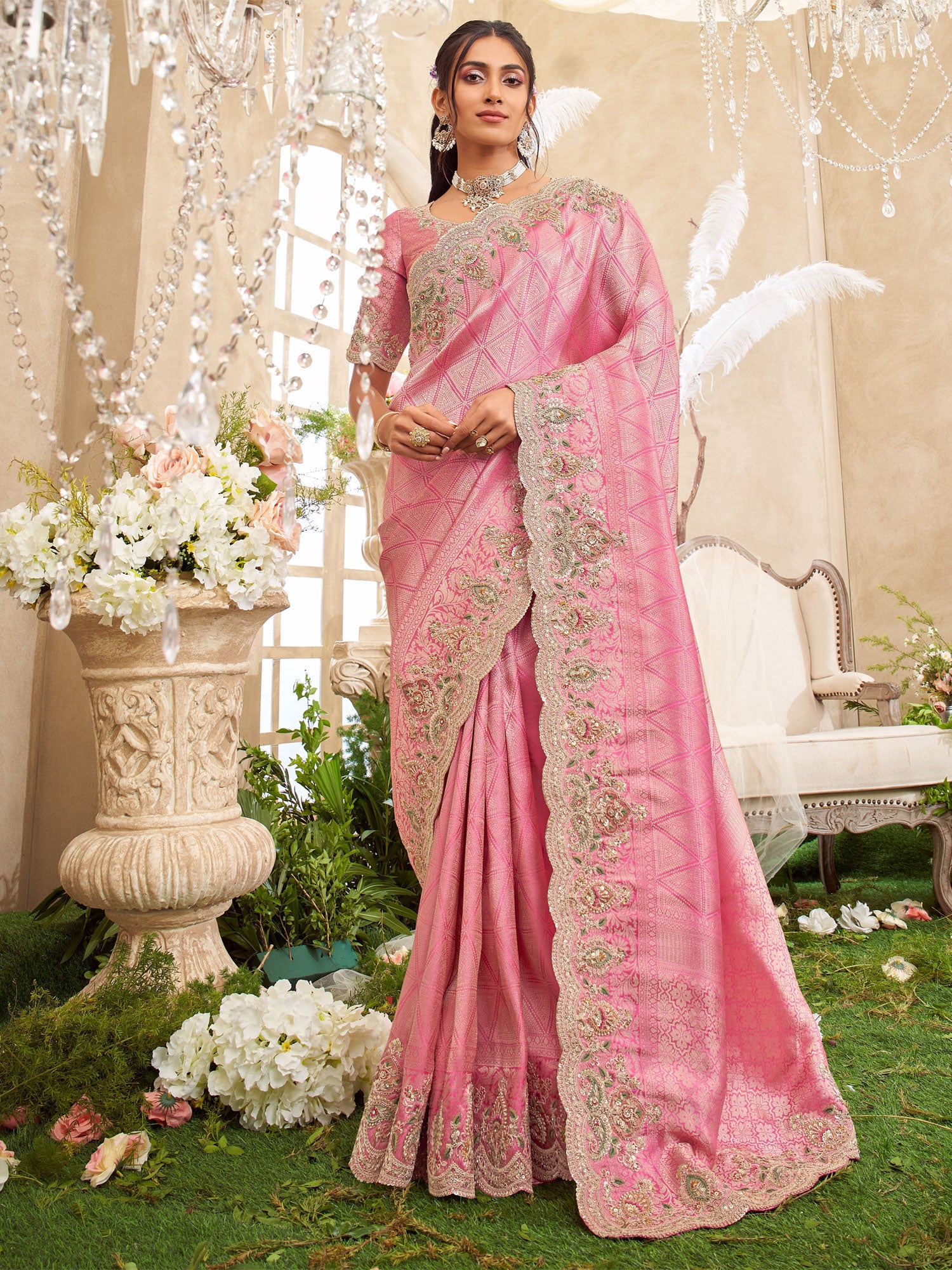 Pink Heavy Floral Zari Embroidered Saree In Silk