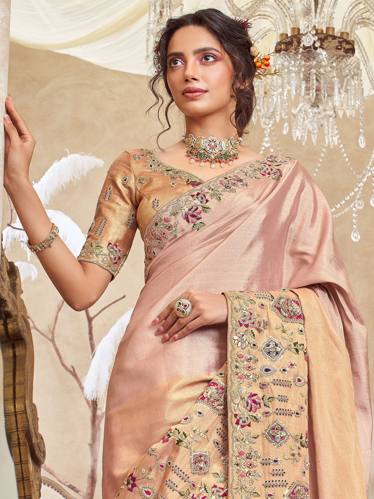 Peach And Pink Ombre Shaded Embroidered Saree