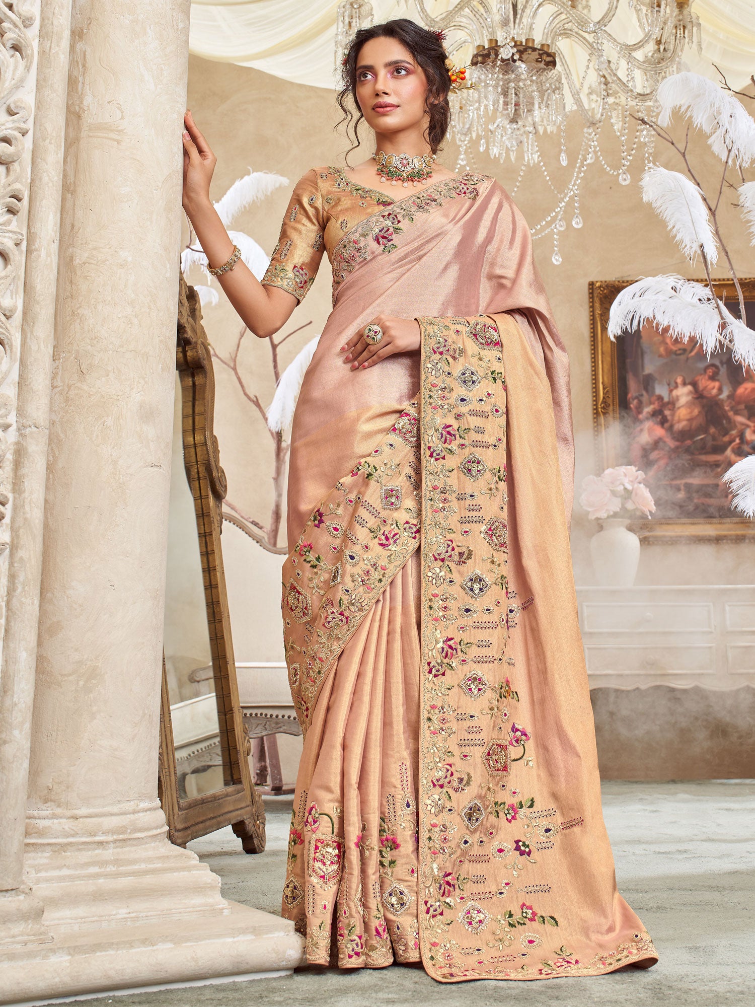 Peach And Pink Ombre Shaded Embroidered Saree