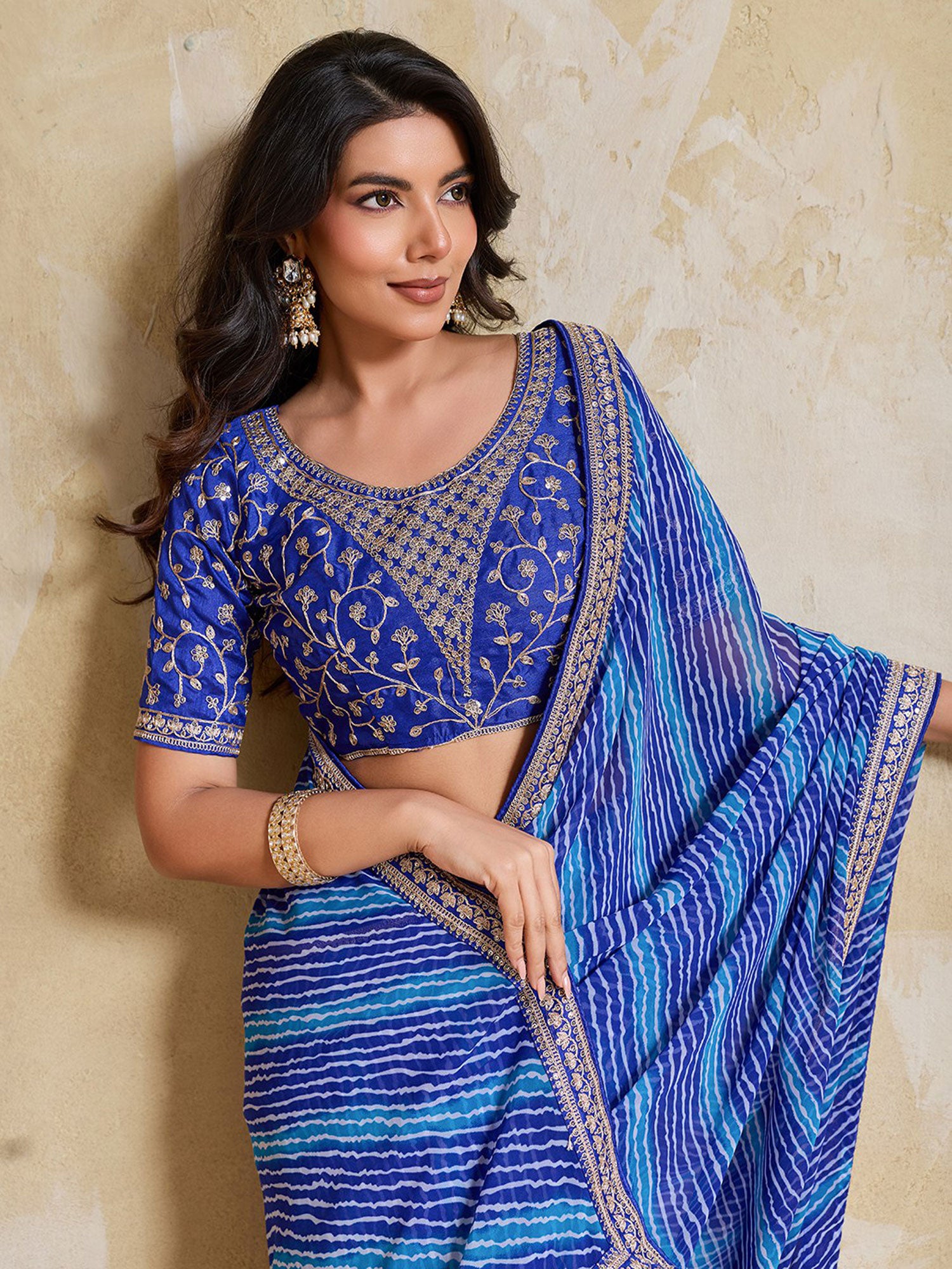 Blue Lehariya Printed Festive Saree
