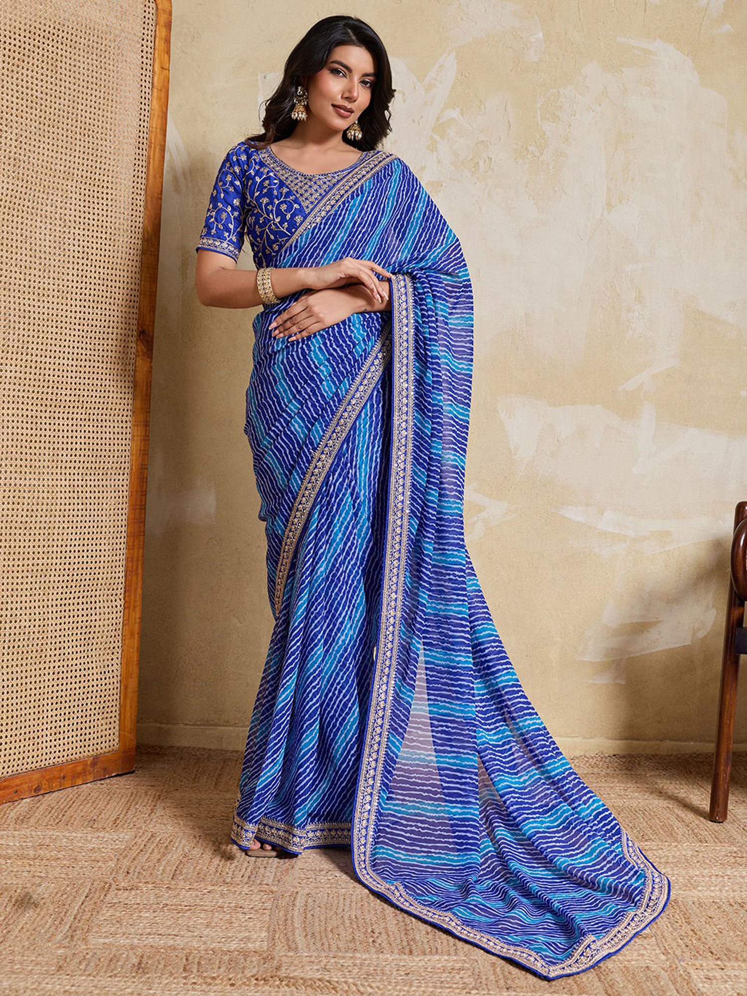 Blue Lehariya Printed Festive Saree
