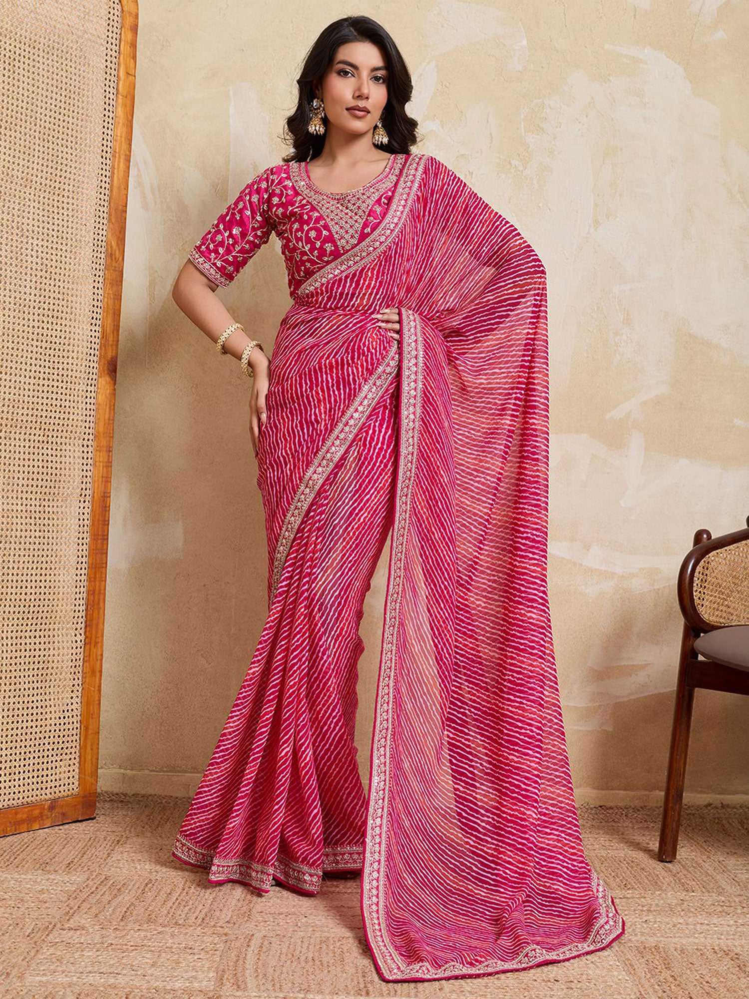 Pink Sequins Work Saree In Georgette