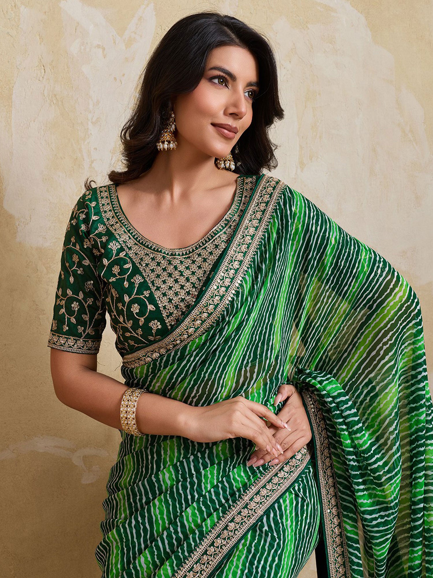 Green Festive Saree In Lehariya Print