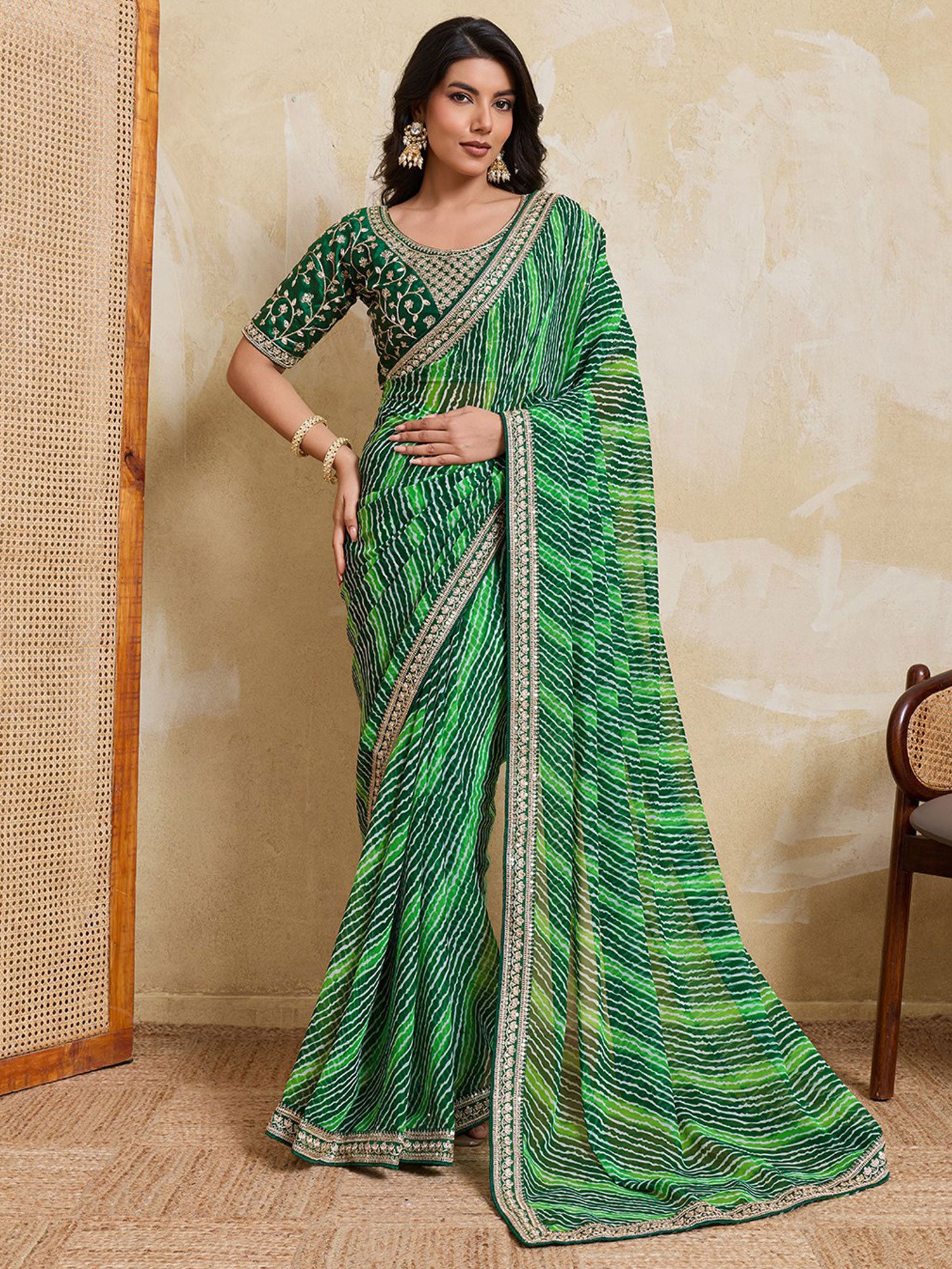 Green Festive Saree In Lehariya Print