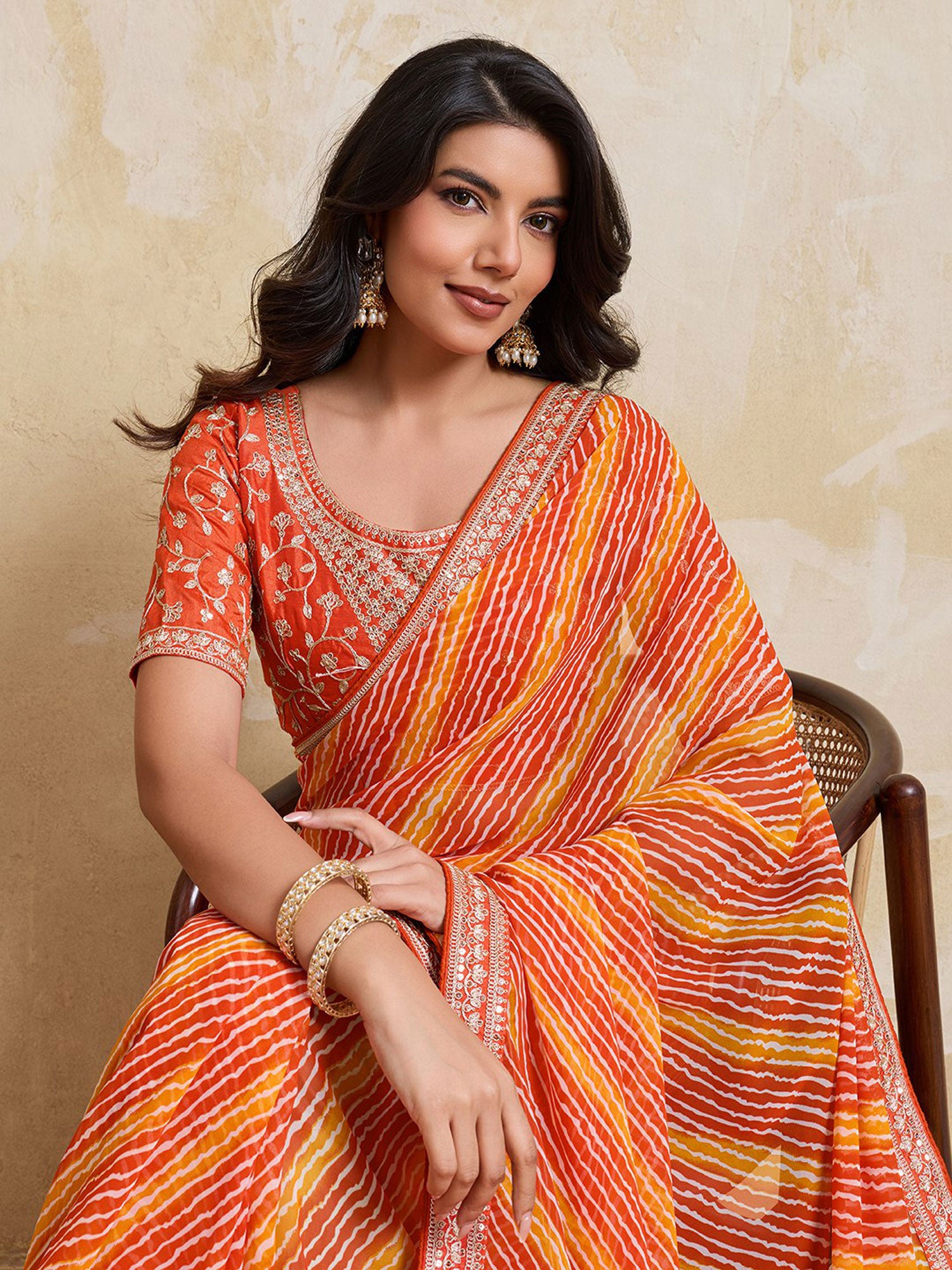 Orange Lehariya Printed Georgette Saree