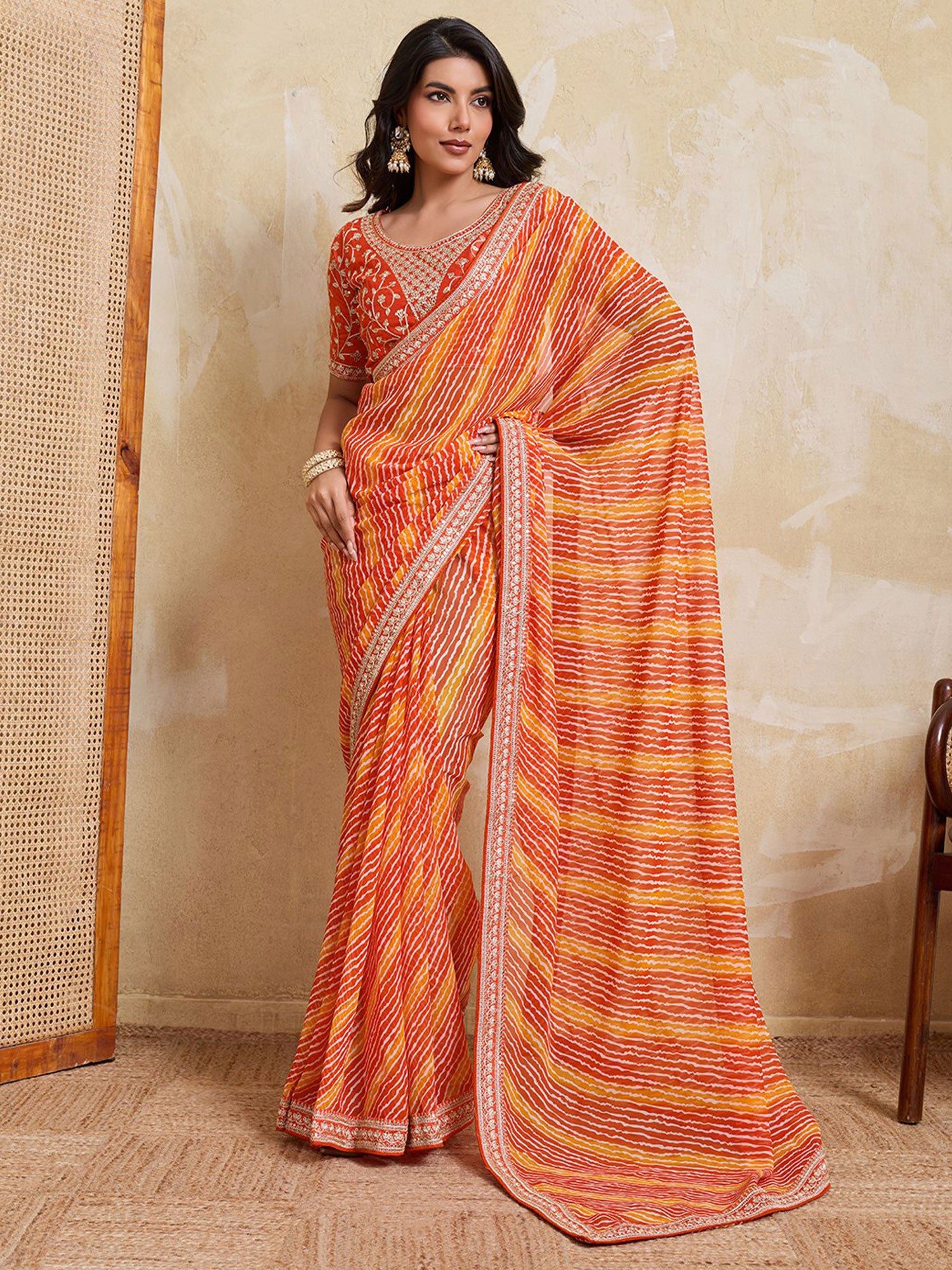Orange Lehariya Printed Georgette Saree