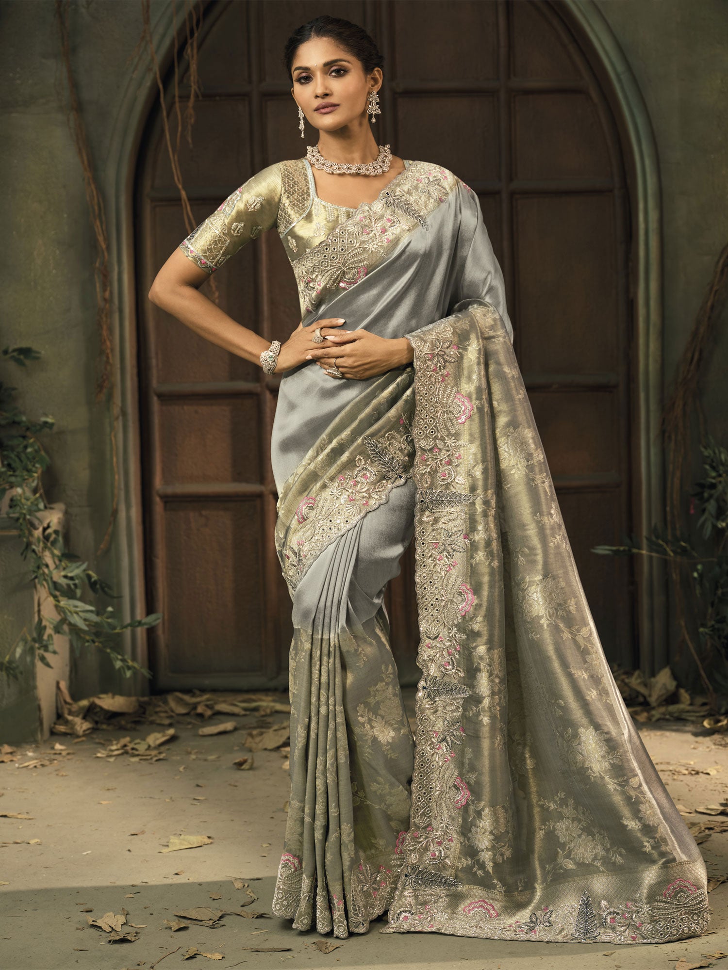 Grey Party Saree With Mirror Work Embellishment