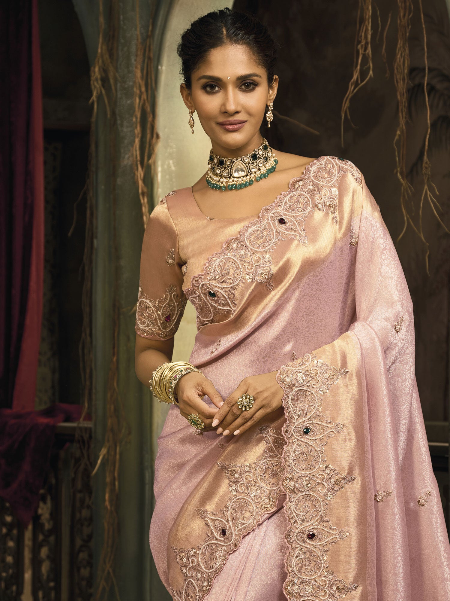 Blush Pink Embroidered Saree With Woven Pallu