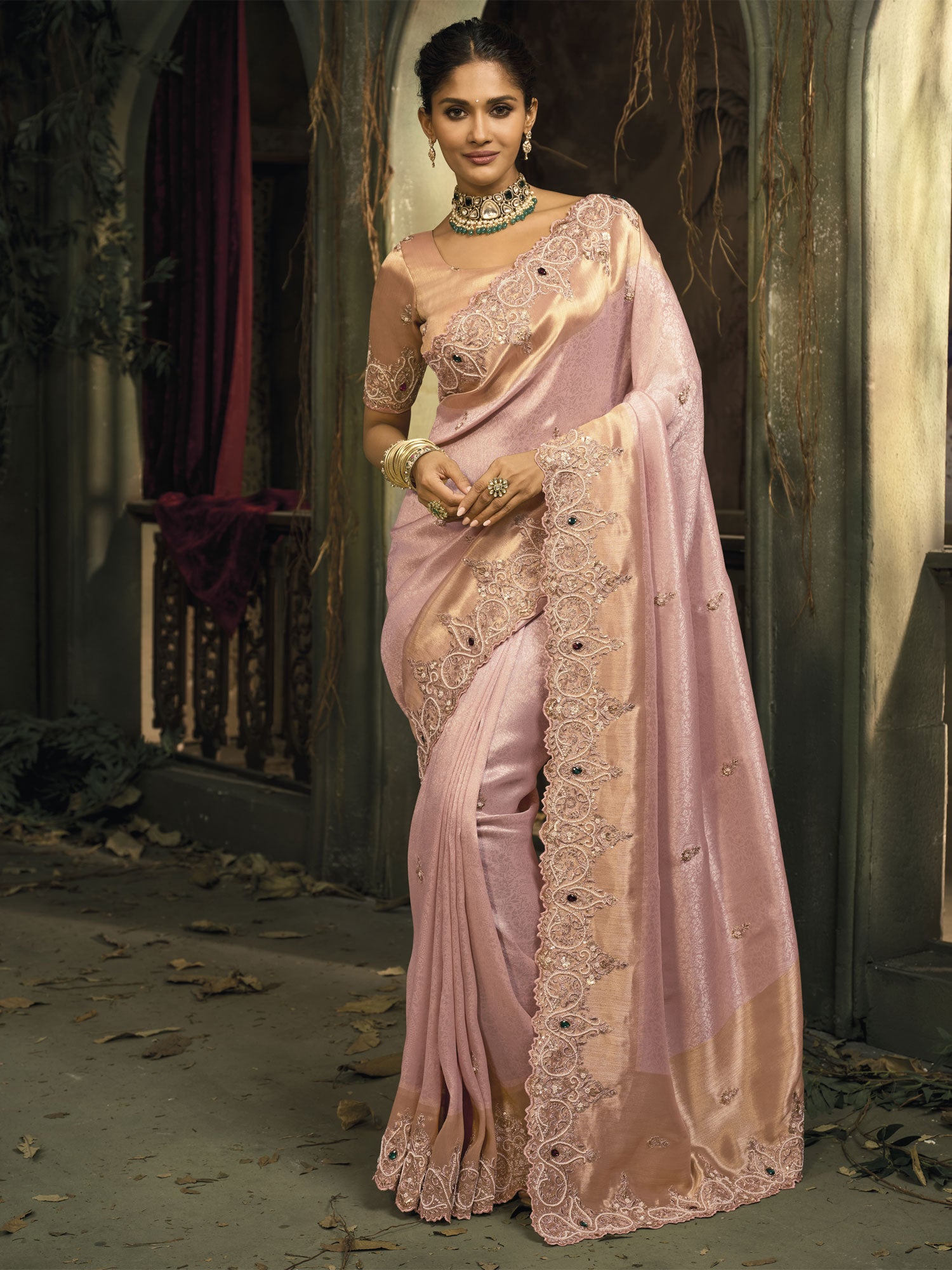 Blush Pink Embroidered Saree With Woven Pallu