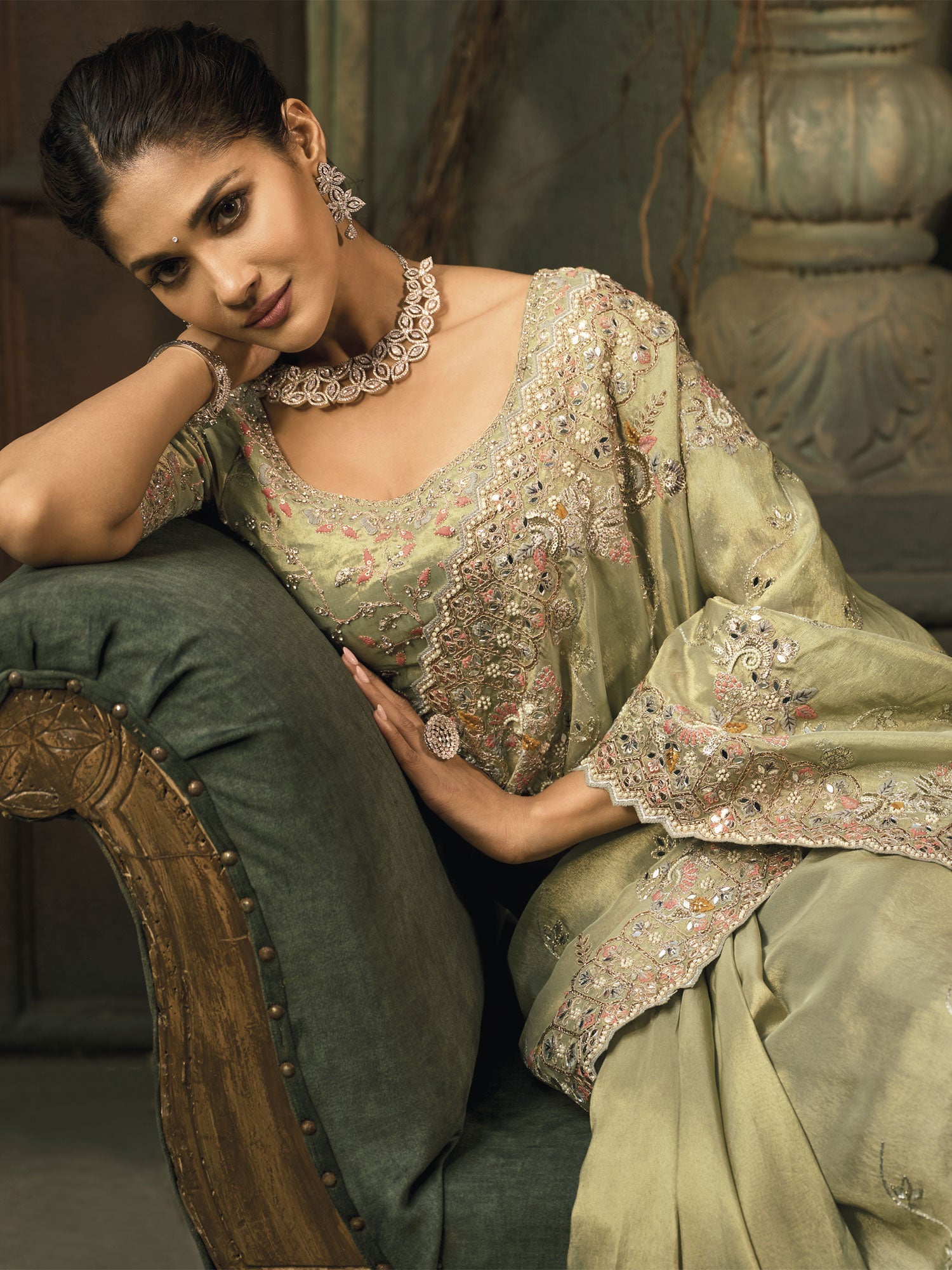 Green Silk Saee With Mirror Embroidered Borders