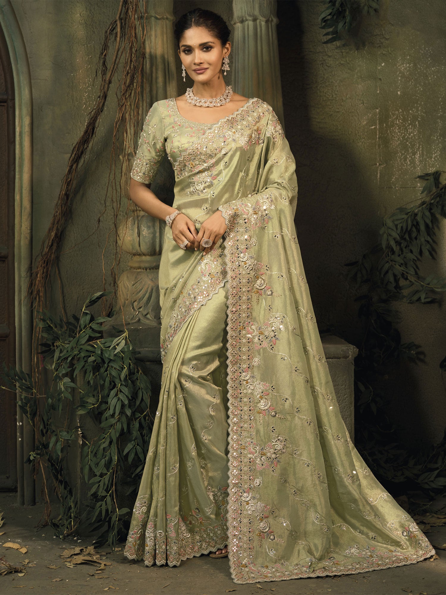 Green Silk Saee With Mirror Embroidered Borders