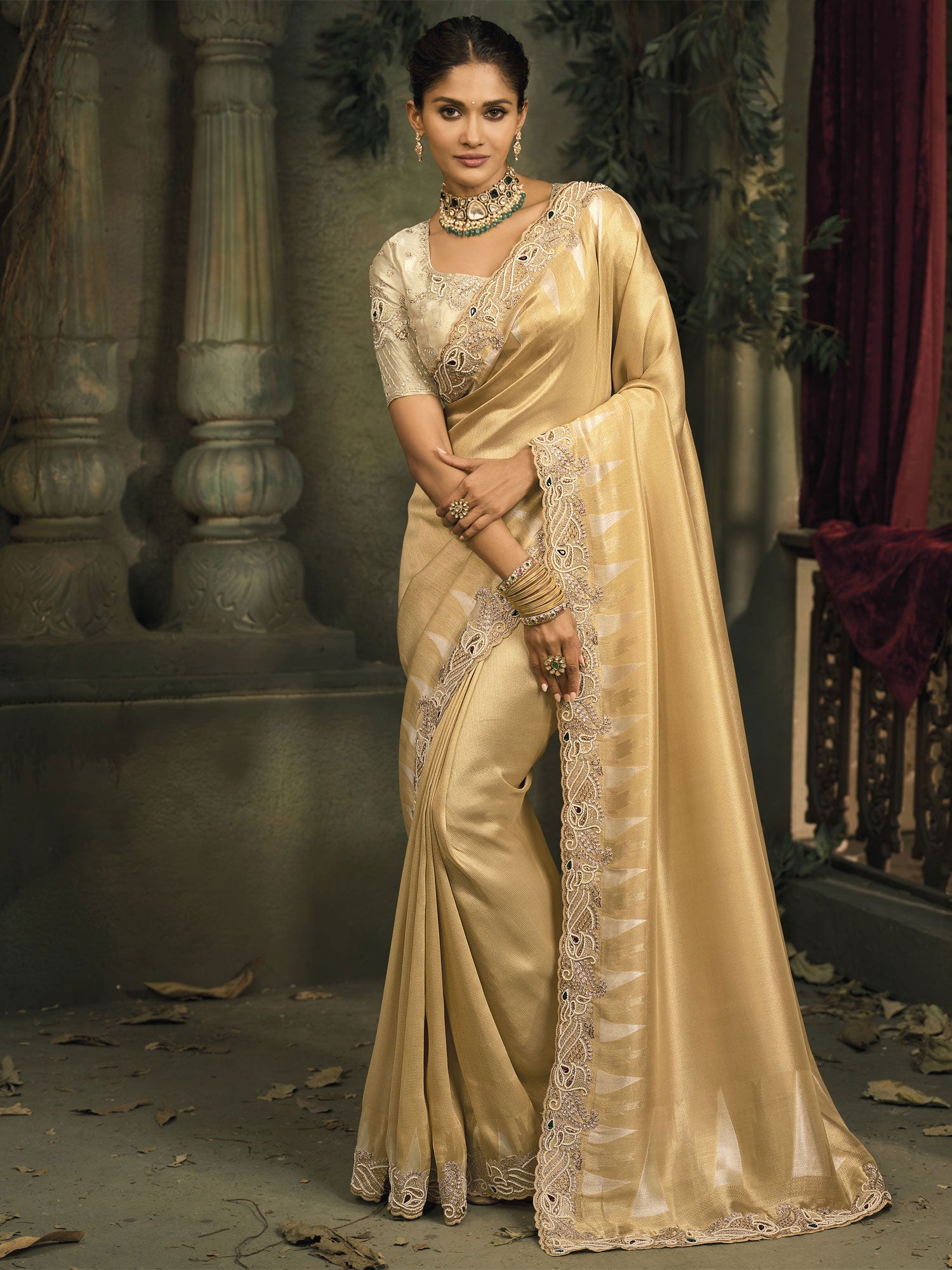 Ivory Cream Wedding Saree With Heavy Borders